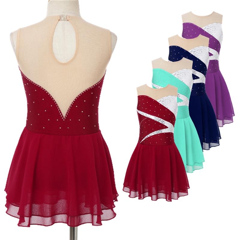 Yunduantong-home Meisjes met glanzende strass-steentjes, mouwloos chiffon, gesplitst kunstschaatsjurkje, gymnastiektutu, balletpakje met rokje 15-16 Years marineblauwe kleur