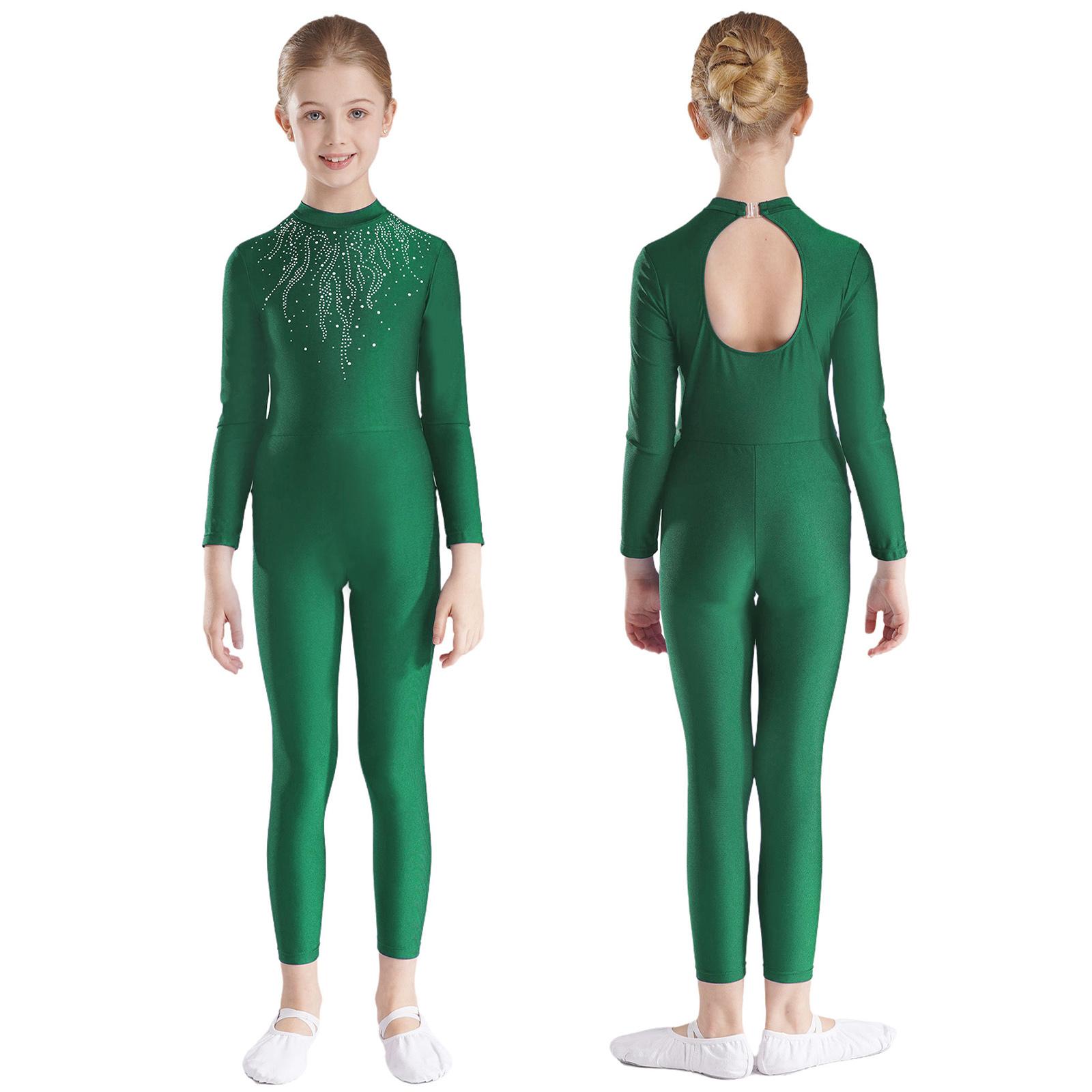 Yunduantong-electronic Girls Rhinestones Decor Long Sleeve Jumpsuit for Ballet Gymnastics Acrobatics Yoga Workout Full Body Stretch Figure Skating Unitard 13-14 Years
