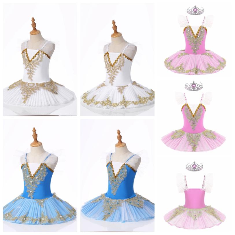 Daenrui Kinderen meisjes dansjurk V-hals ruches schouder decor jurk met hoofddeksels set balletvoorstelling kostuum 3-4 Years hemelsblauwe kleur