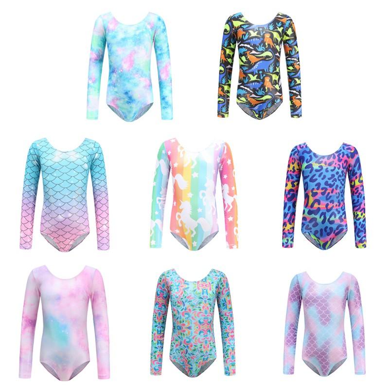 Sunnyway Kinderballetdanskleding bedrukt met lange mouwen, eendelige driehoekige bodysuit voor meisjes, dansgymnastiekkostuum 160