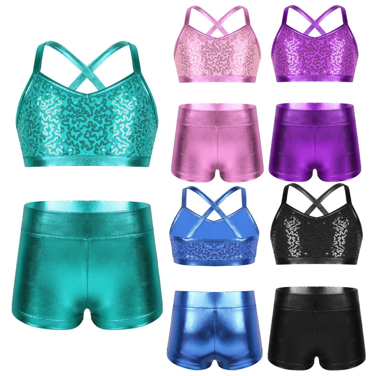 Ranrann Kinderen Meisjes 2-delige Ballet Actieve Outfits Glanzende Tank Top met Booty Shorts Gymnastiek Turnpakje Dans Gym Workout Kleding 7-8 Years zilver