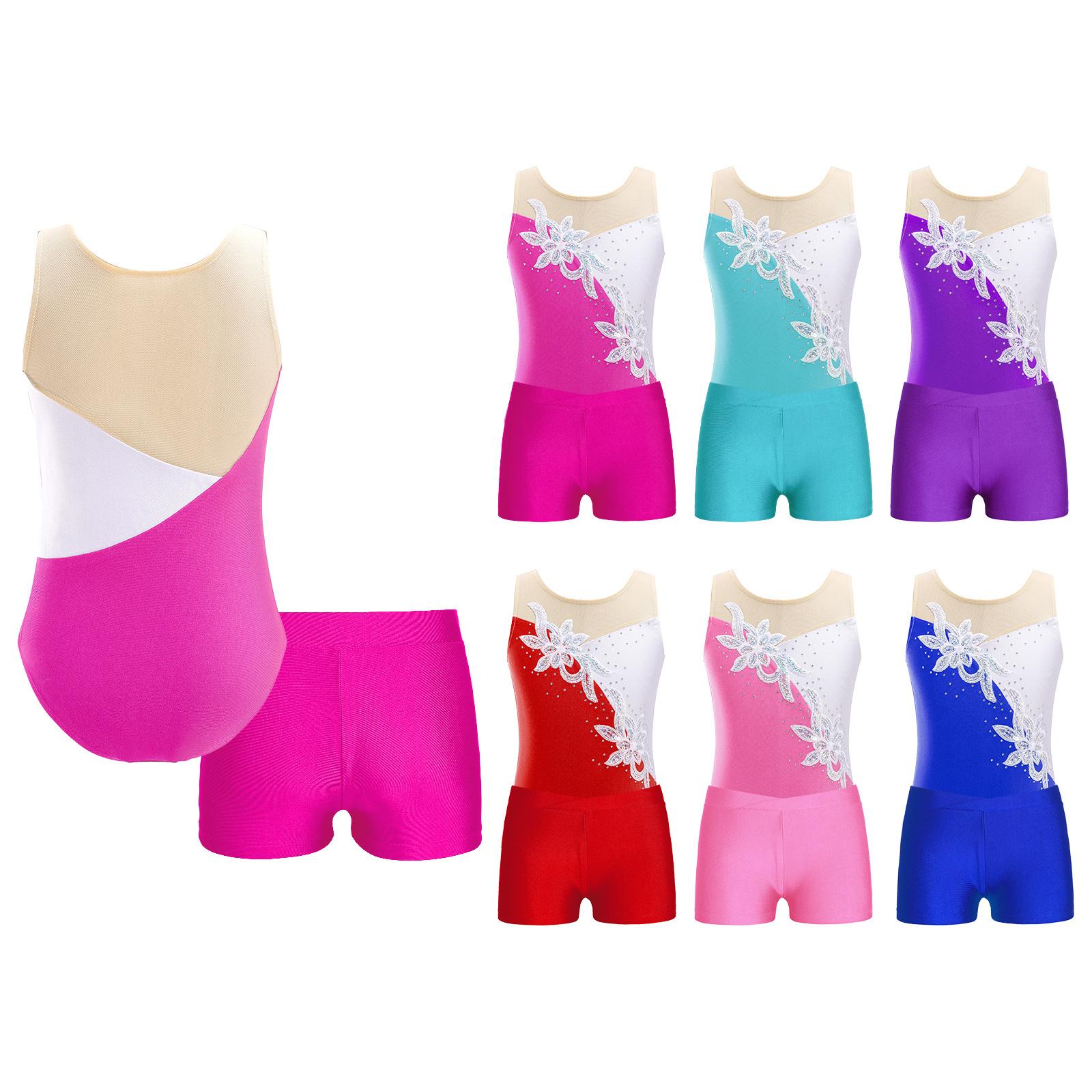 Linjinx Mouwloze gymnastiekdansschaatskostuums voor kinderen, meisjes, glitterpailletten, strasssteentjes, versierd patchwork turnpakje met shorts 7-8 Years helder roze