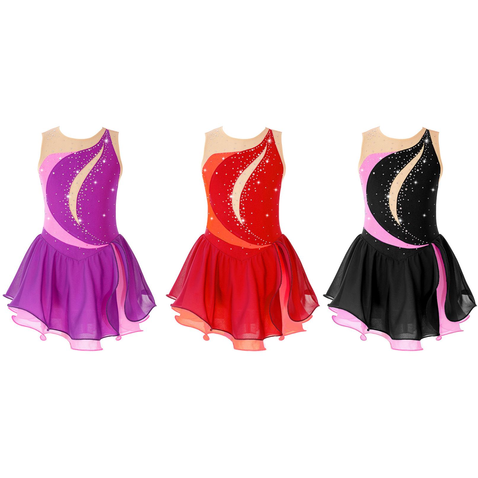 WinYing Kunstschaatsjurk voor meisjes Mouwloos Glitter Strass Ballet Turnpakje Jurk Competitiekostuum Gymnastiekpak 7-8 Years bordeaux