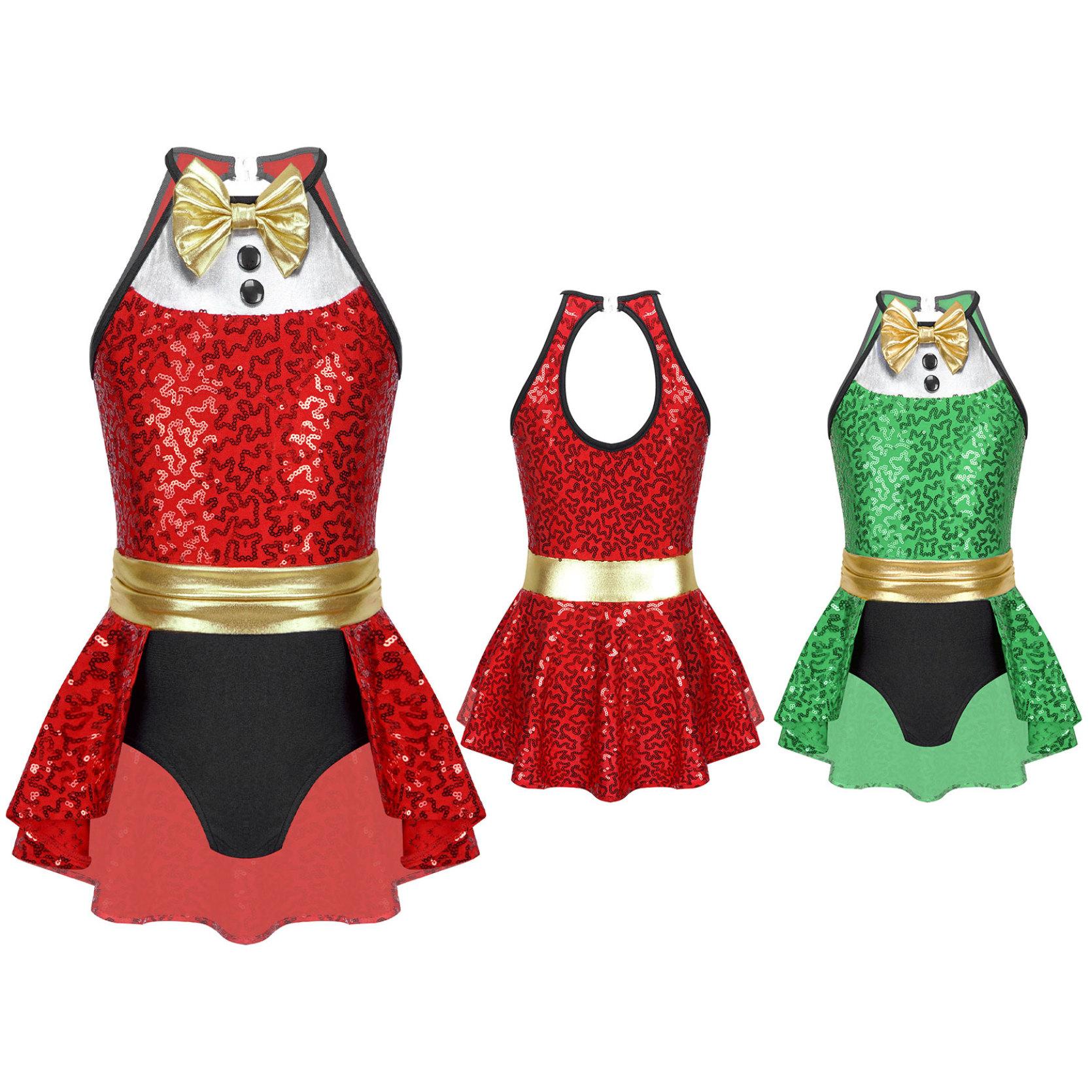 IEFiEL Kinderen Kerst Jumpsuit Verkleden Strik Sequin Gymnastiek Turnpakje Ballet Tutu Rokken Toneelkostuums 13-14 Years rood