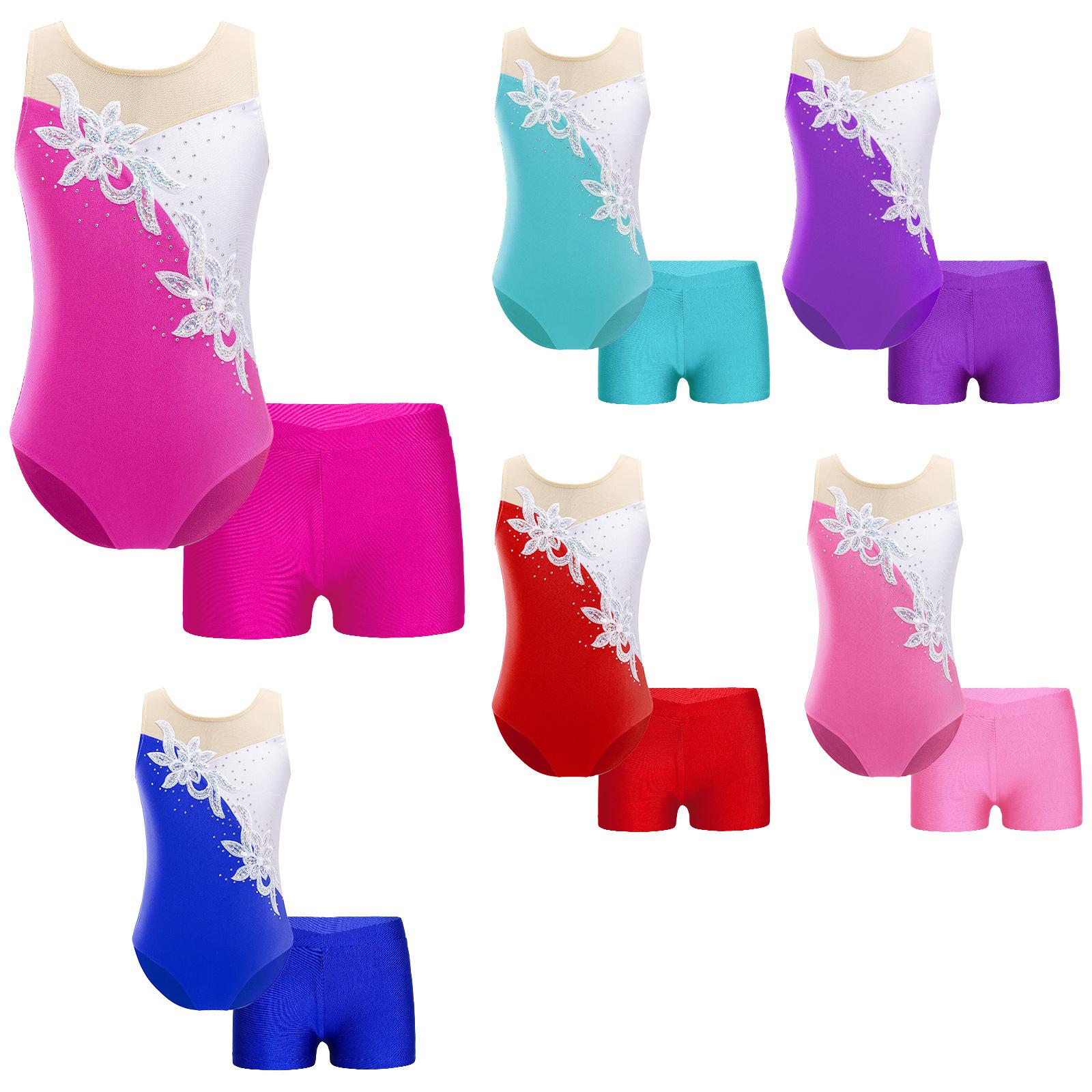 Fldy 2 stuks kinderen meisjes mouwloze patchwork stijl gymnastiek maillots ballet dans bodysuit unitards met shorts 3-4 Years paars