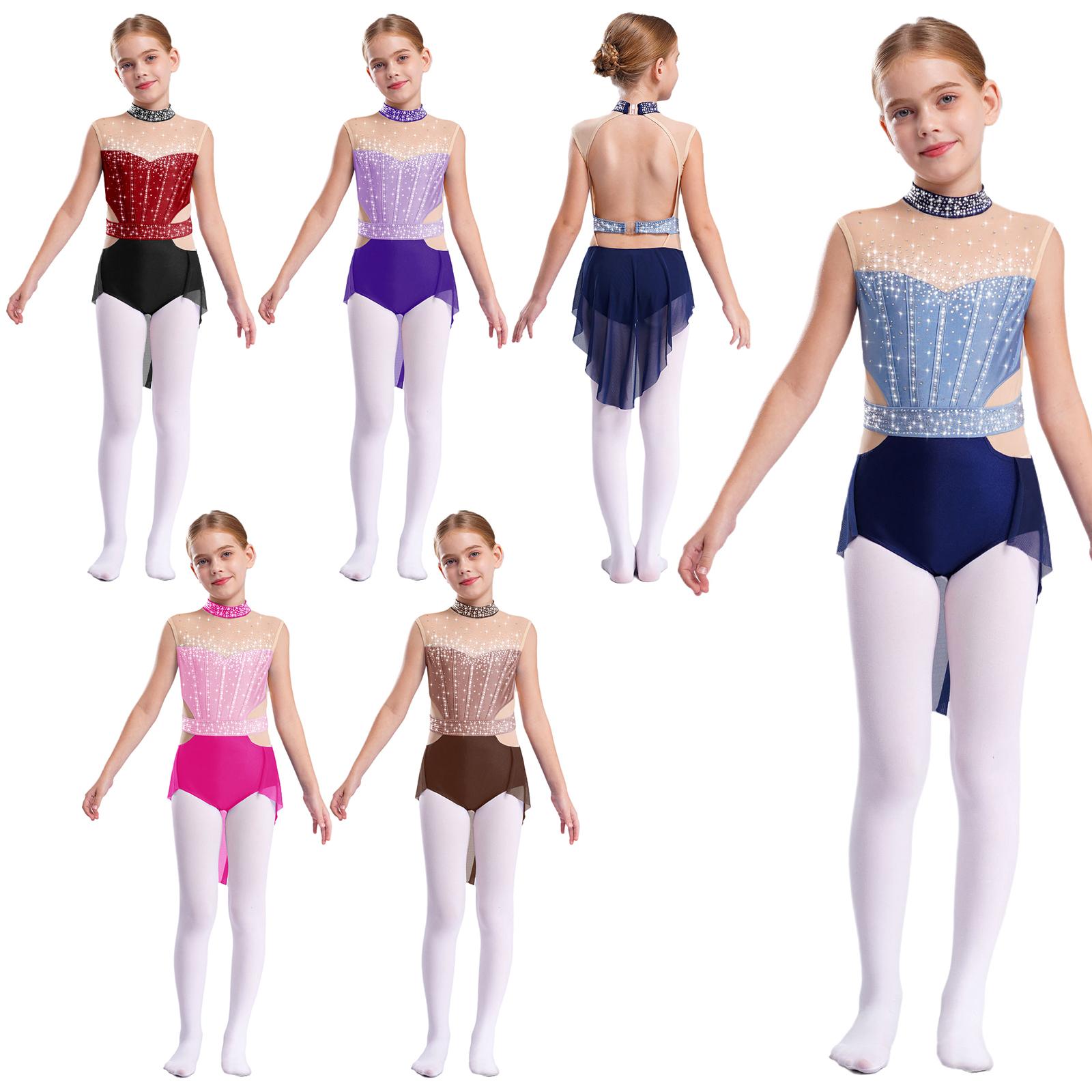RUNQHUI Kinderen Meisjes Lyrische Dansvoorstelling Kostuum Mouwloos Strass Ballet Gymnastiek Leotard Kunstschaatsen Wedstrijd Danskleding 11-12 Years blauw/marineblauwe kleur