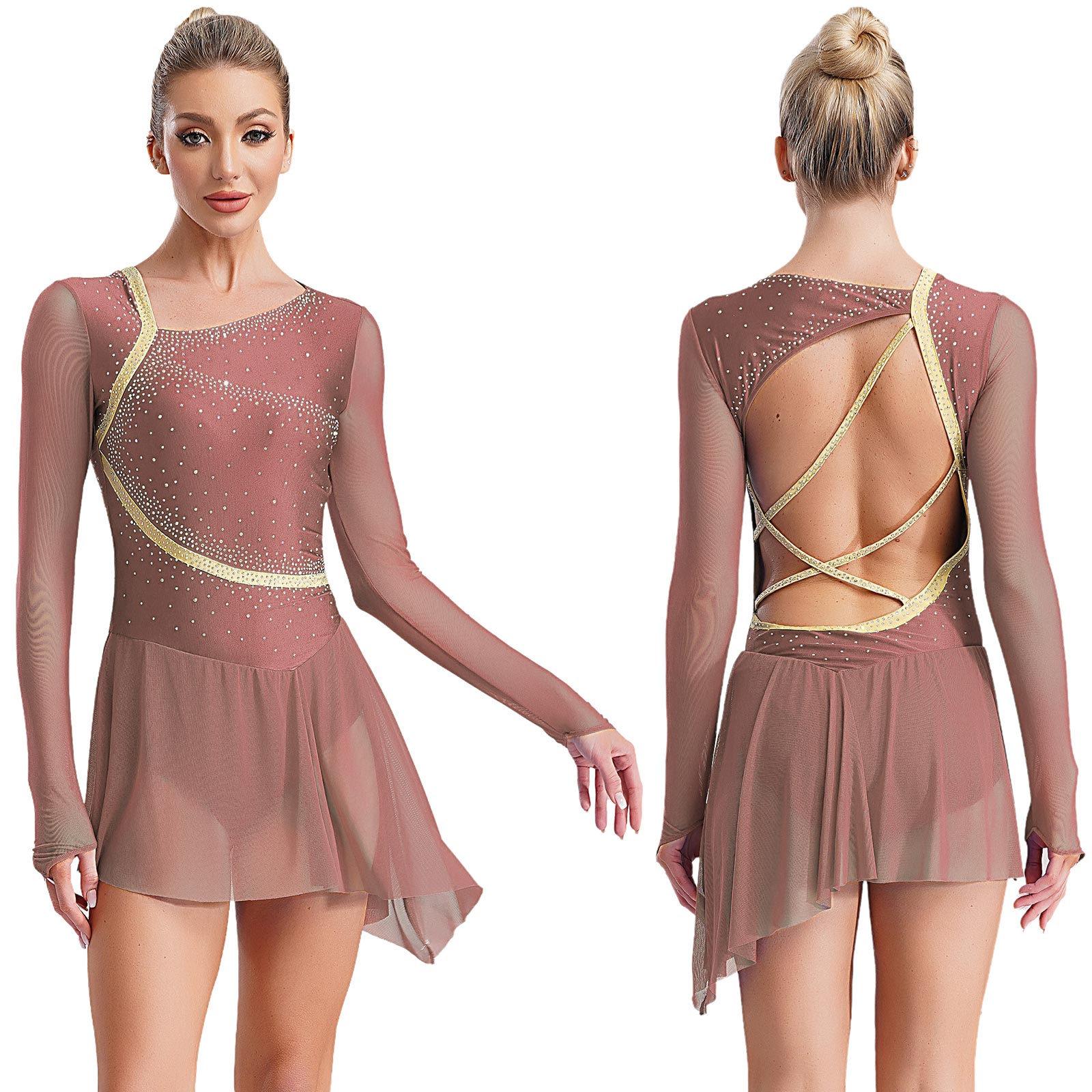 HULIJA Lyrische danskostuum met strass, asymmetrische tule rok, leotard, kunstschaatsjurk, dames, jazzdanskleding S zwart