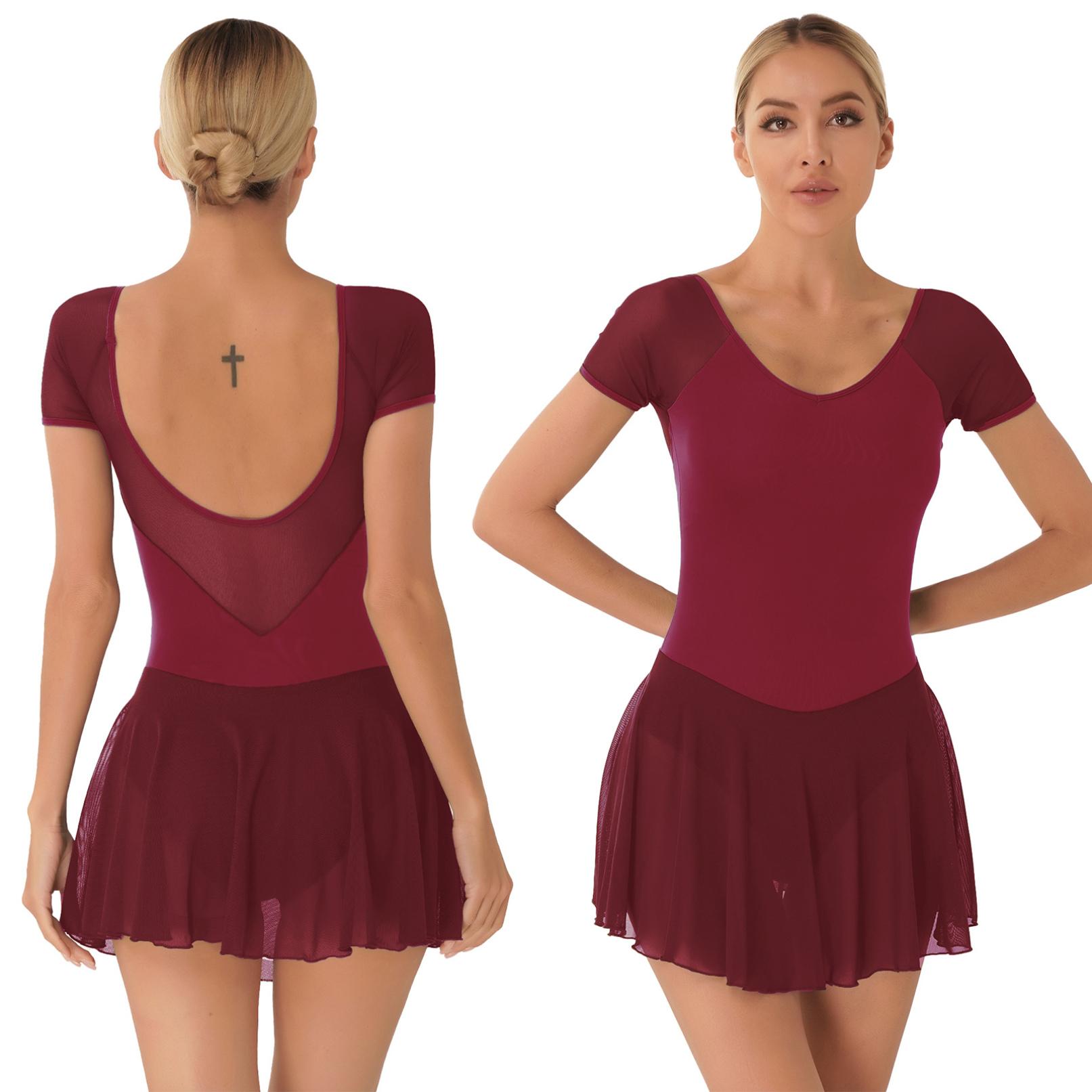Ranrann Womens volwassen danstraining kostuum korte mouw backless jurk mesh patchwork ballet gymnastiek turnpakje jurken M bordeaux