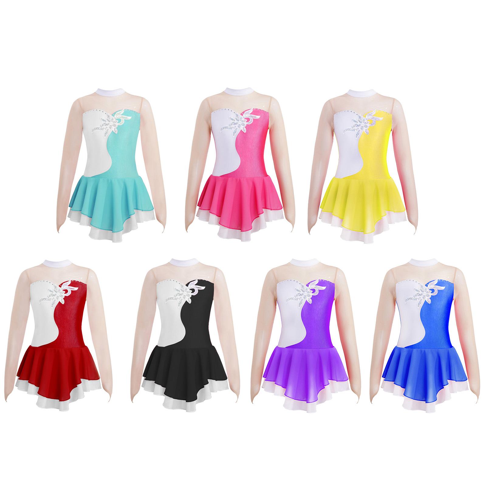 Linjinx Kinderen meisjes lange mouwen danskleding mesh patchwork pailletten schaatsen gymnastiek turnpakje jurk 15-16 Years rood