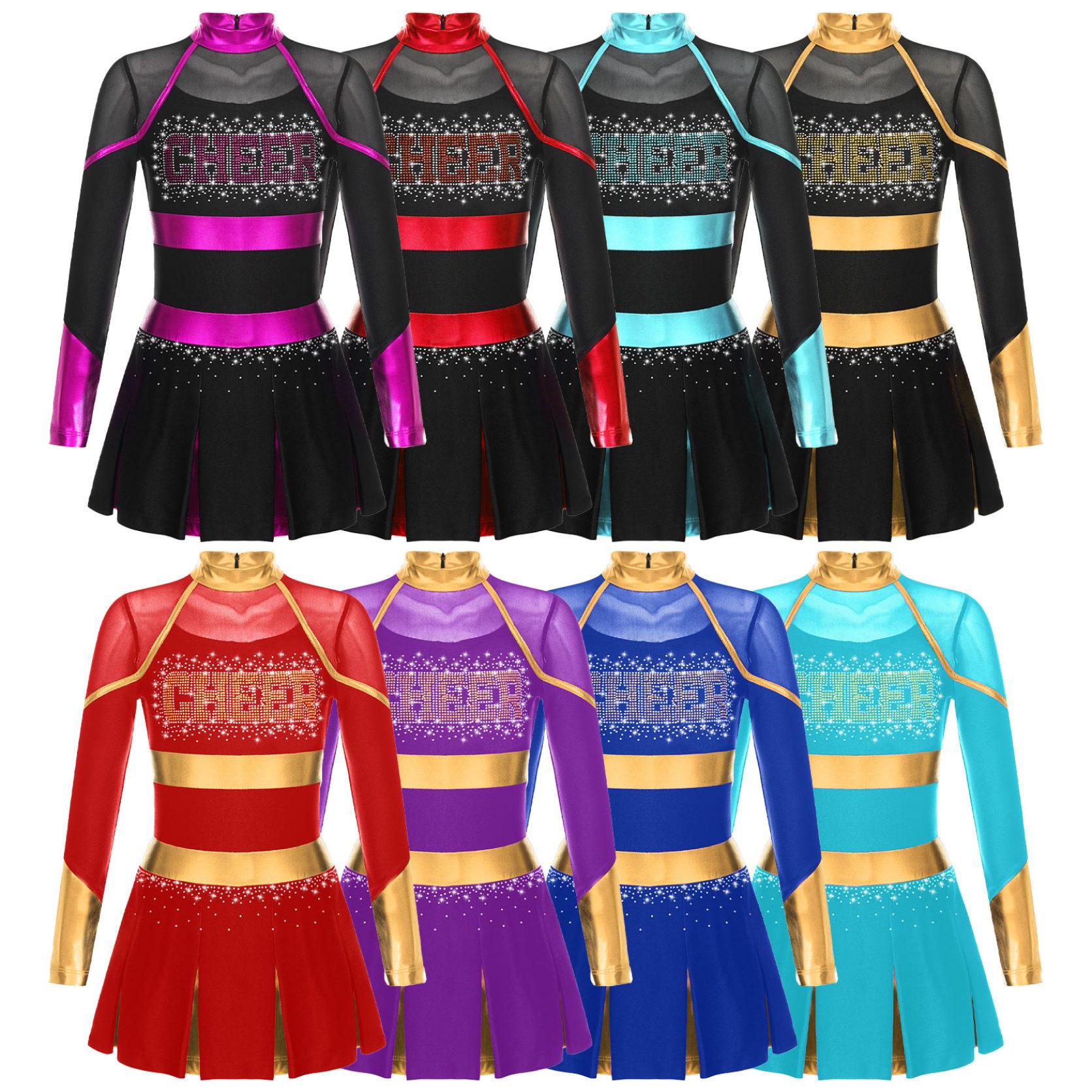 Yunduantong-electronic Meisjes Cheerleading Uniform Dansjurk met lange mouwen Carnaval Dancewear Cheerleading Dansjurk voor kinderen 13-14 Years zwart/goud