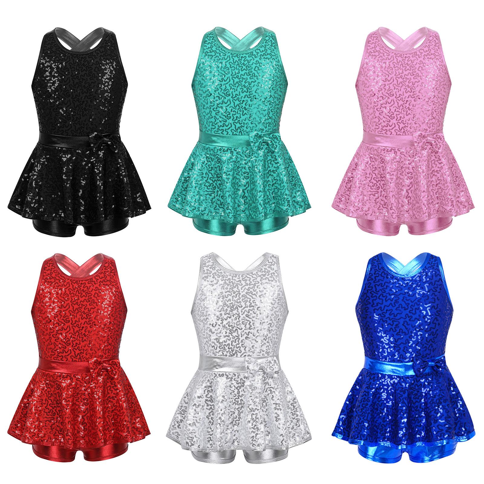 Manyakai Kinderen meisjes jazz moderne tapdanskleding mouwloze lovertjes kriskras rug taille strik balletdans turnpakje jurk 8-10 Years koningsblauwe kleur
