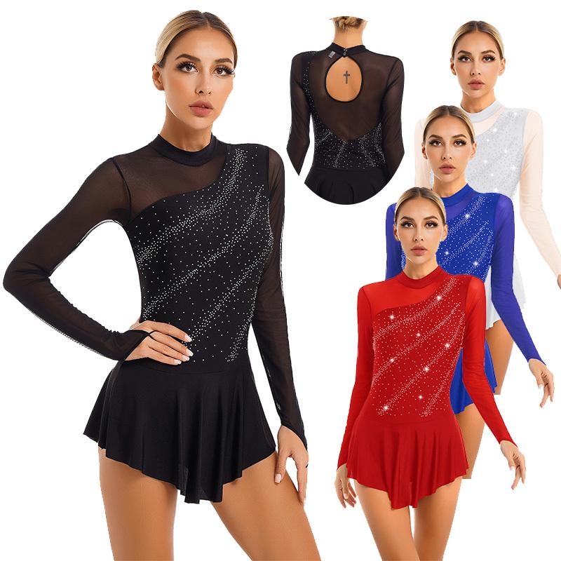 Ranrann Dames kunstschaatsen dansjurken strass pure mesh patchwork turnpakje met lange mouwen M koningsblauwe kleur