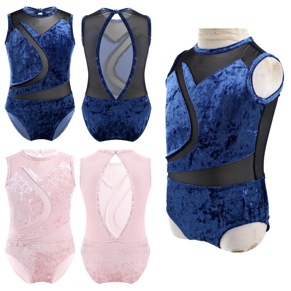 YOOJIA Mouwloze uitgesneden rug mesh split maillot jumpsuit kinderen meisjes dans training kleding 14-16 Years marineblauwe kleur