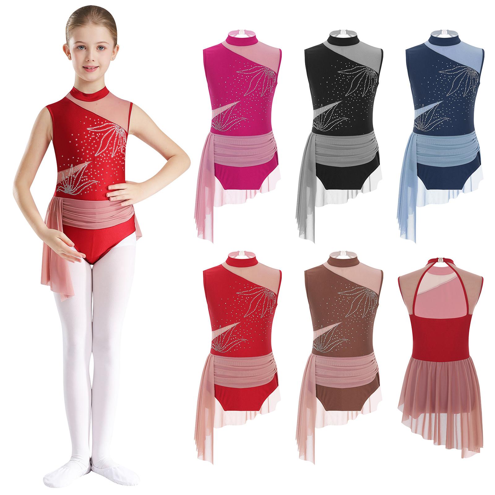 Yunduantong-electronic Kinderen Meisjes Kunstschaats Jurken Ballet Dans Leotard Jurk Mouwloos Kleur Blok Mesh Patchwork Bodysuit 13-14 Years warm roze kleur
