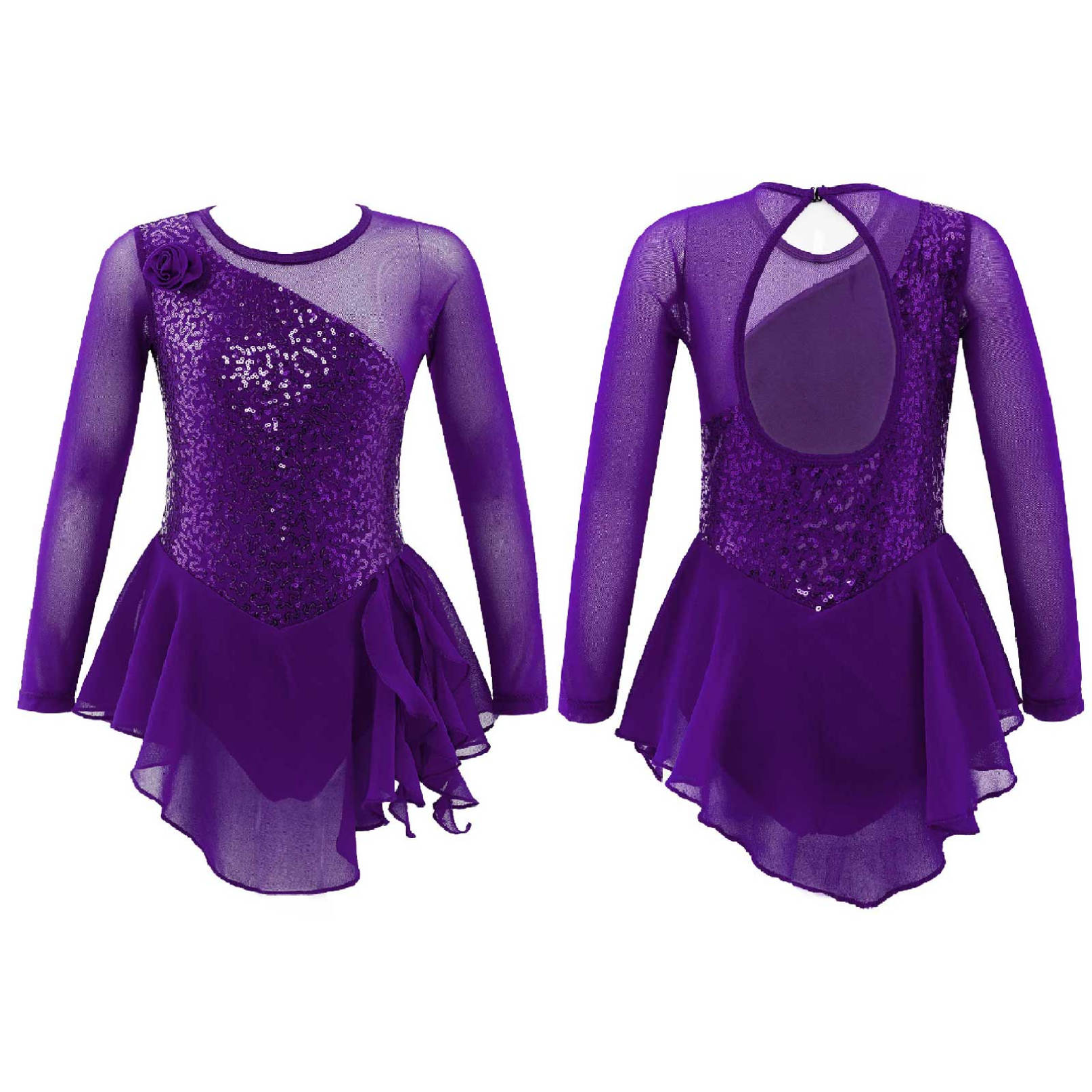 YONGHS Meisjes lange mouw ballet dans rok maillots zoete bloem pailletten uitsnijding rug kunstschaatsen jurk 11-12 Years