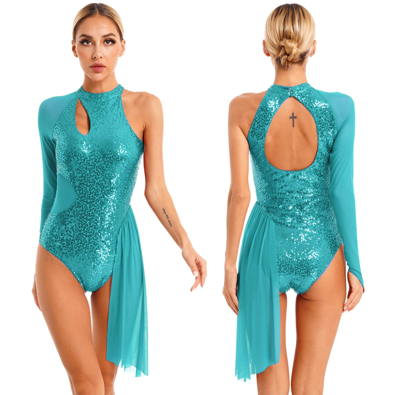 Ranrann Dames kunstschaatsjurk glitter pailletten turnpakje één schouder pure mesh dansjurken met lange mouwen S mintgroene kleur