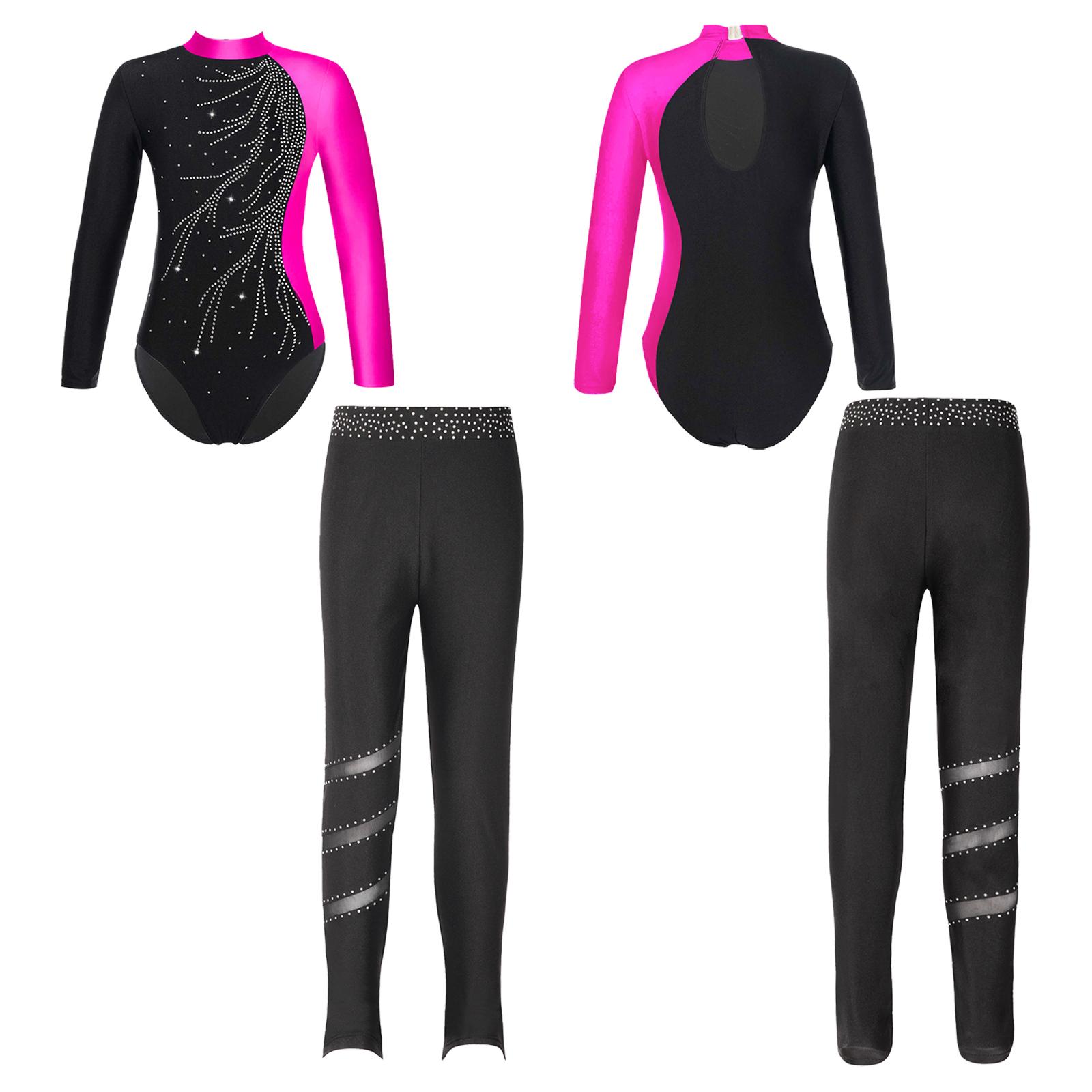 Aislor Kinderen Meisjes 2 Stuks Gymnastiek Dansoutfits Maillots met lange mouwen en legging Atletische Biketards Unitards 15-16 Years helder roze/zwart