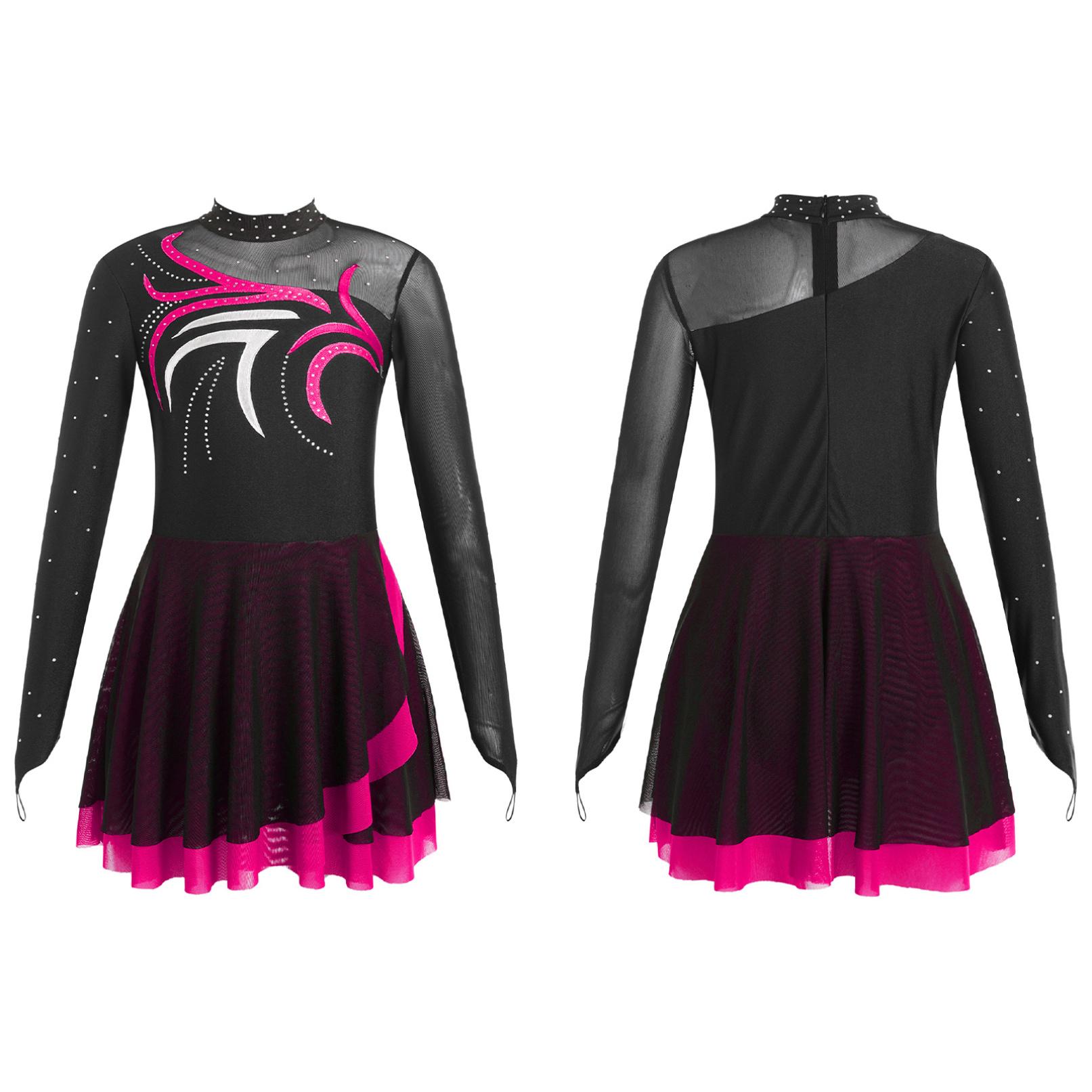 Manyakai Kinderen Meisjes Kunstschaatsen Jurk Mesh Patchwork Lange Mouwen Ballet Dans Leotards Jurk Gymnastiek Outfits 11-12 Years