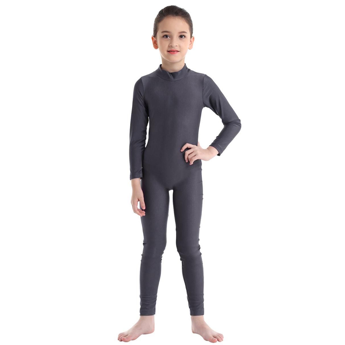 Yeahdor Kinderen Meisjes Lange Mouwen Ritssluiting Mock Neck Full Body Pak Ballet Dans Gymnastiek Unitard Jumpsuit 11-12 Years donkergrijze kleur