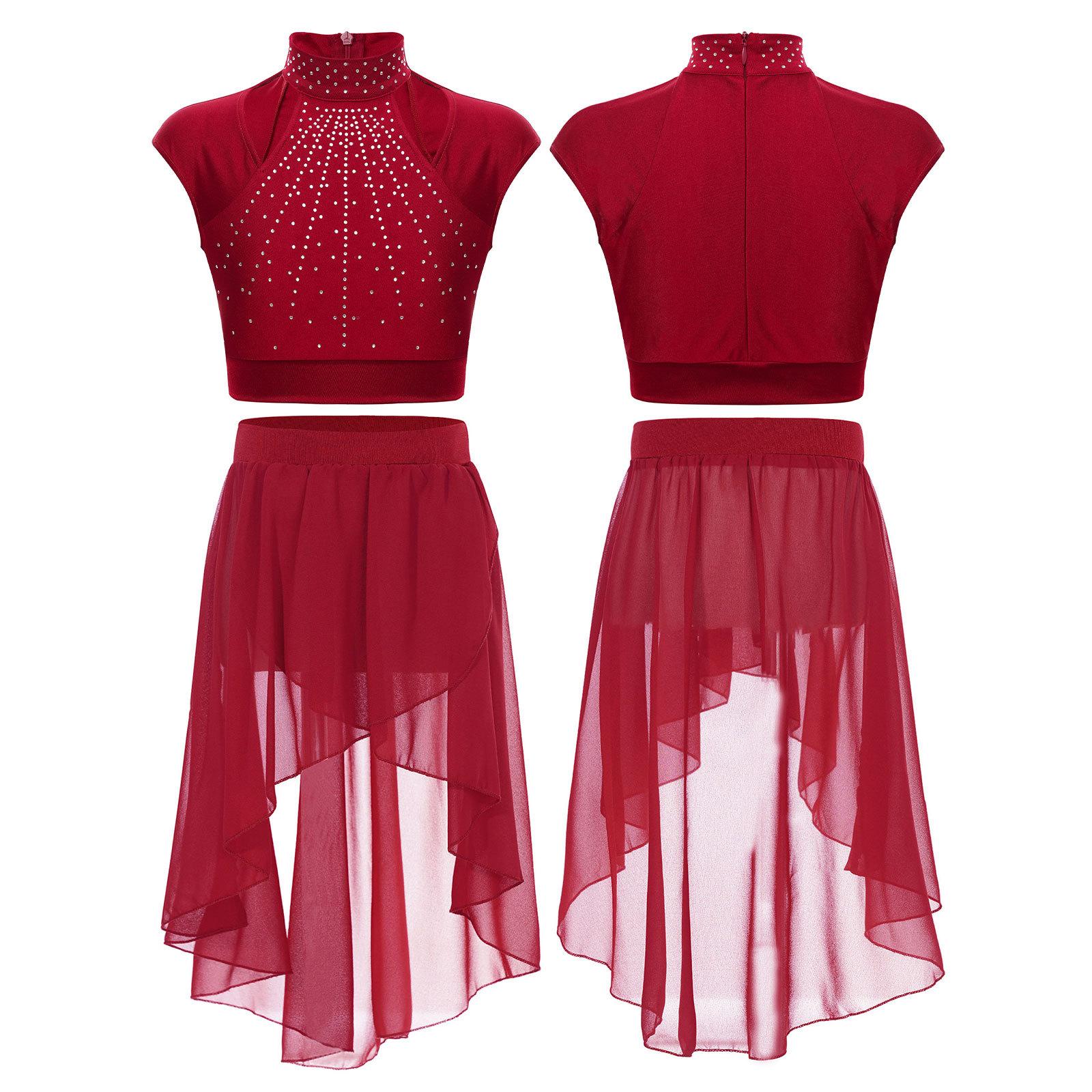 Yeahdor Meisjes Lyrical Dance Dress Crop Top met Tutu Rok Tweedelige Danskleding Gymnastiekoutfits 15-16 Years bordeaux