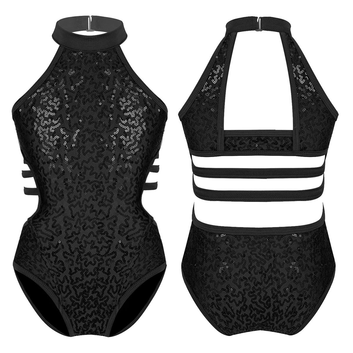 YOOJIA Kids Meisjes Halter Uitsparing Terug Strappy Taille Ballet Dans Turnpakje Glanzende Pailletten Gymnastiek Atletiek Jumpsuit 13-14 Years zwart