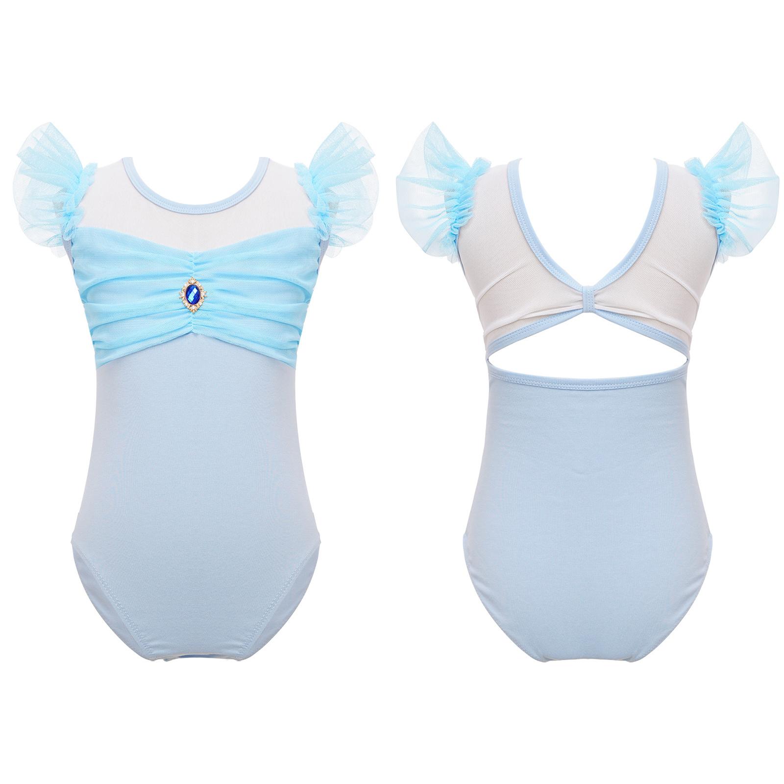 IEFiEL 2 Ballet maillots voor meisjes kinderen vliegende mouwen dans bodysuit ballerina gymnastiek turnpakje 14-15 Years hemelsblauwe kleur