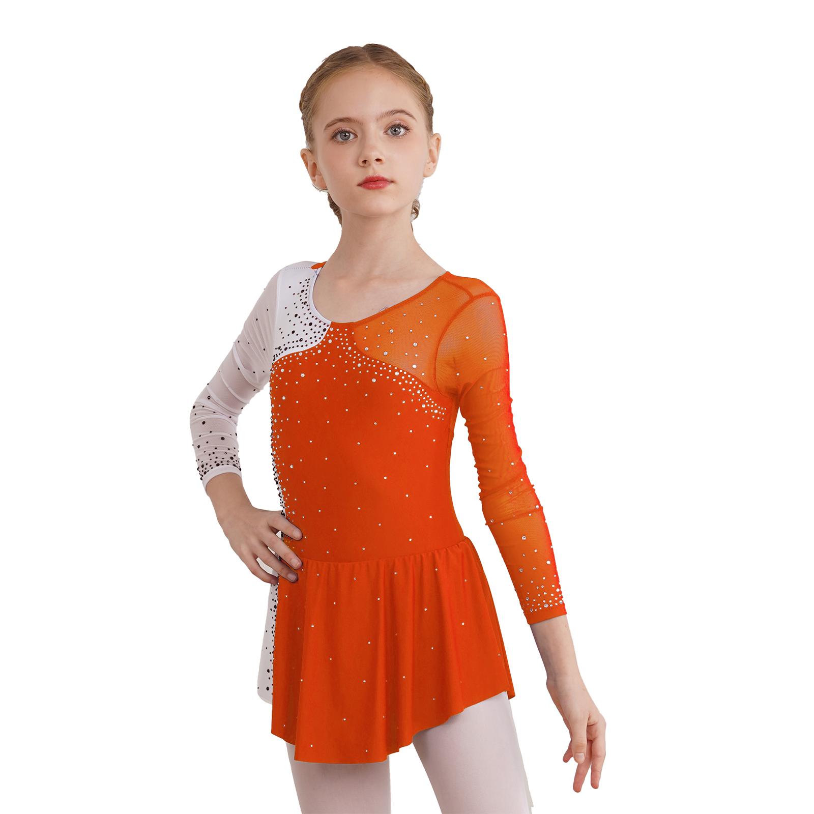 Yunduantong-home Kunstschaatsjurk voor meisjes Contrasterende kleur Glanzende strass lyrische dansjurk Balletpakje Prestatie Danskleding 9-10 Years oranje
