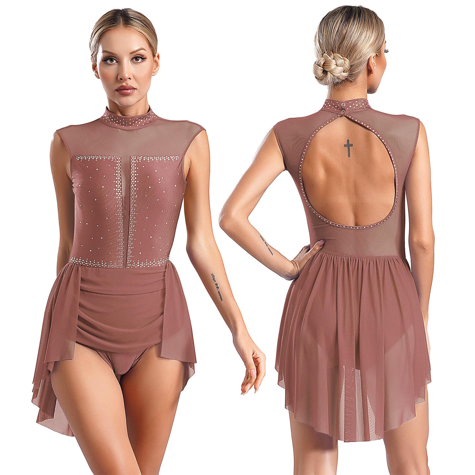Yunduantong-home Vrouwen Kunstschaatskostuum Lyrische Dans Ballet Gymnastiek Unitard Jurk Transparante Mesh Glanzende Strass Danskleding Bodysuit XXL lichtbruine kleur
