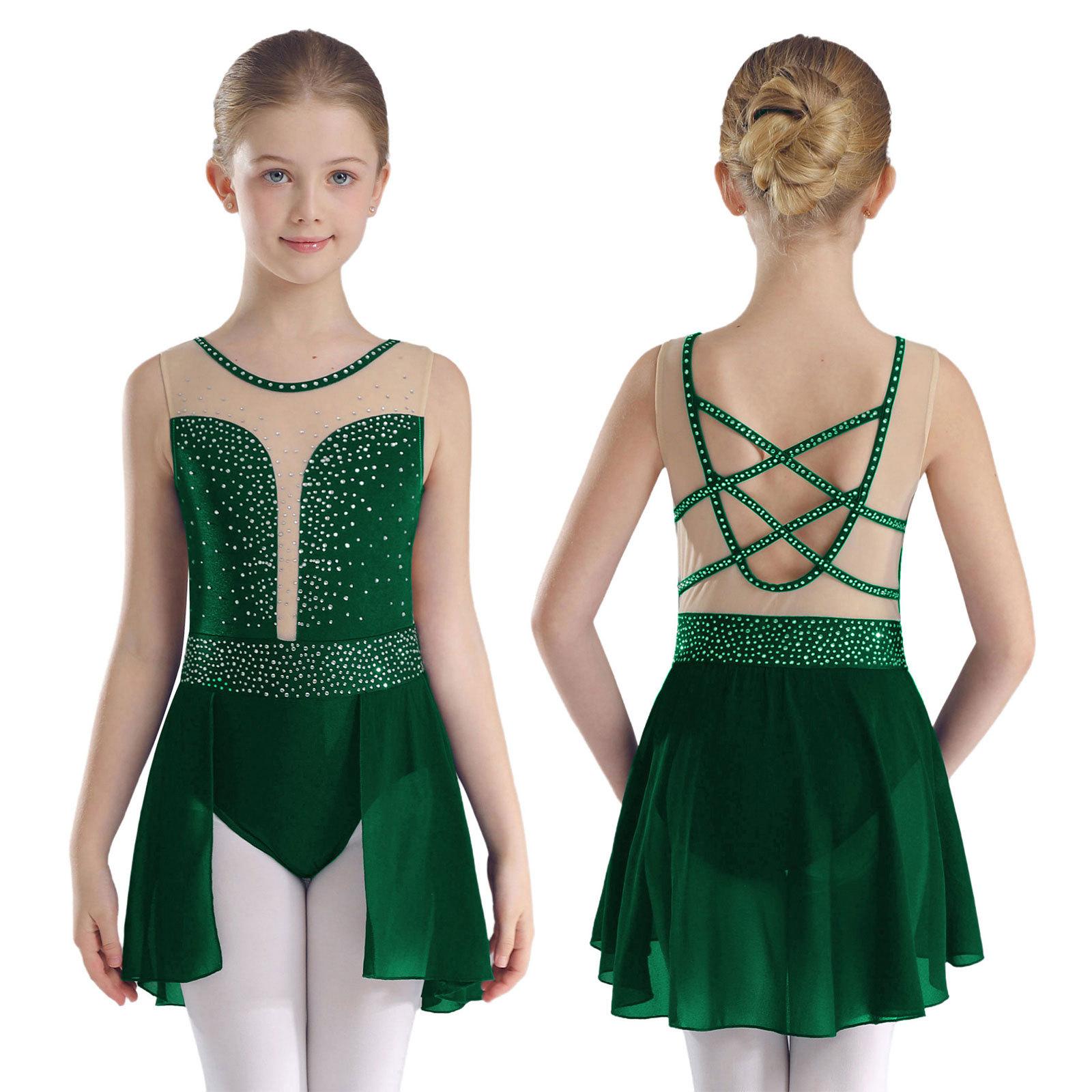 Manyakai Kinderen Meisjes Kunstschaatsen Jurk Lyrische Dans Kostuum Strass Mouwloze Leotards Jurk 11-12 Years groen