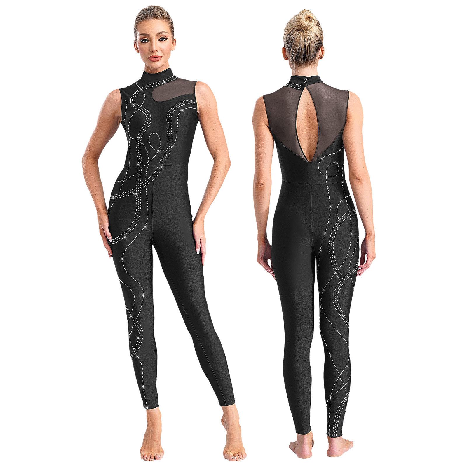 Manyakai Women Rhinestone Gymnastic Jumpsuit Sleeveless Tank Leotard One Piece Ballet Tights Skating Workout Full Body Suit Dancewear S zwart