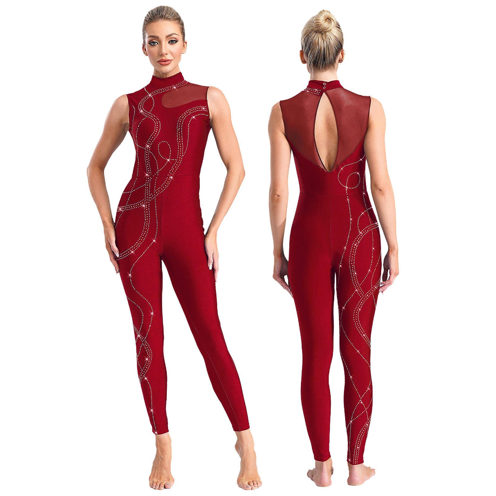 Manyakai Women Rhinestone Gymnastic Jumpsuit Sleeveless Tank Leotard One Piece Ballet Tights Skating Workout Full Body Suit Dancewear S bordeaux