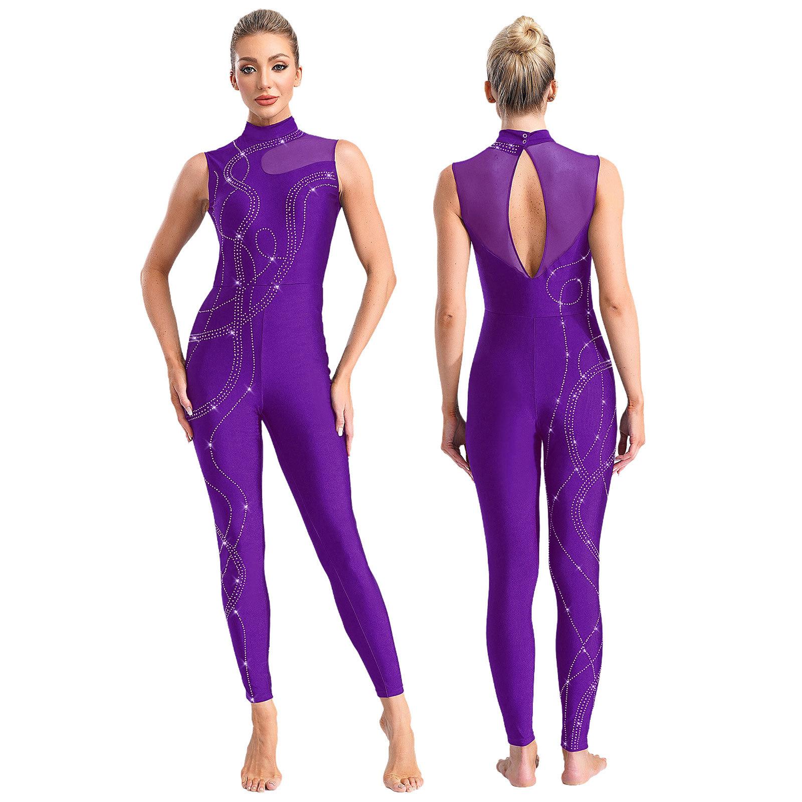Manyakai Women Rhinestone Gymnastic Jumpsuit Sleeveless Tank Leotard One Piece Ballet Tights Skating Workout Full Body Suit Dancewear S paars