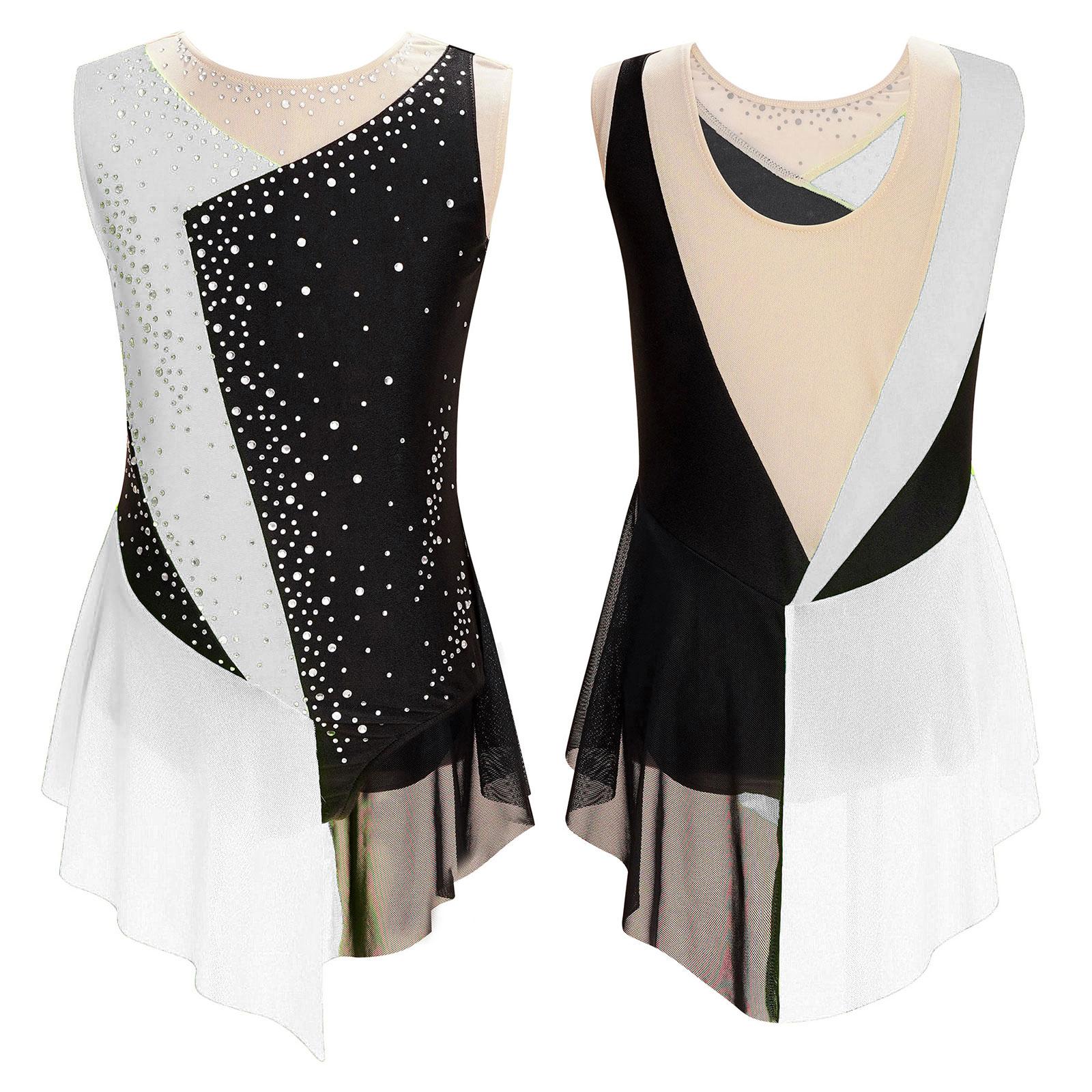 IEFiEL Kinderen Meisjes Kunstschaatsen Turnpakje Jurk Glanzende Strass Sheer Mesh Mouwloze Jurken voor Ballet Lyrische Dans Gymnastiek 9-10 Years