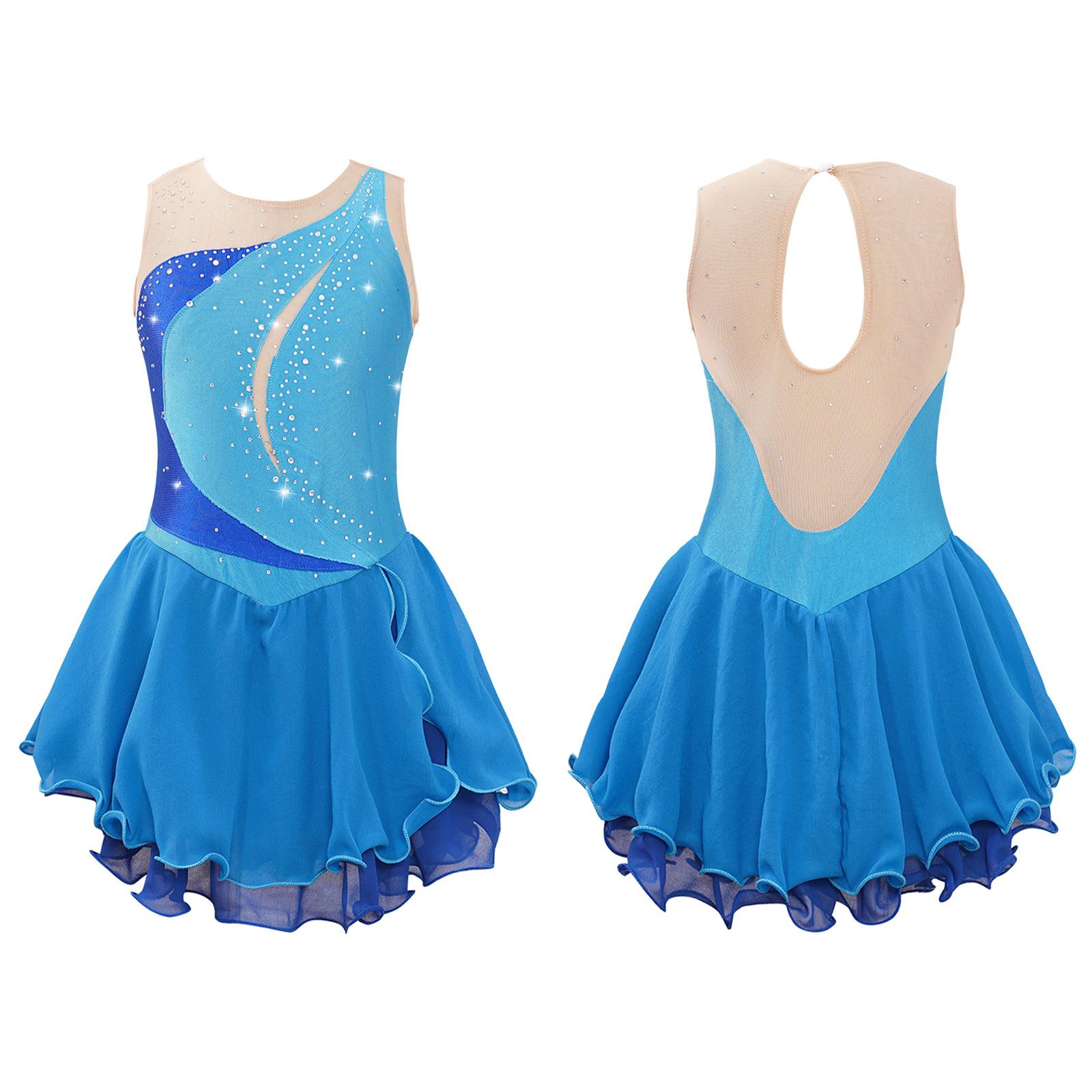 Linjinx Kunstschaatsjurk voor meisjes Mouwloos Glitter Strass Ballet Turnpakje Jurk Competitiekostuum Gymnastiekpak 9-10 Years lichtblauwe kleur