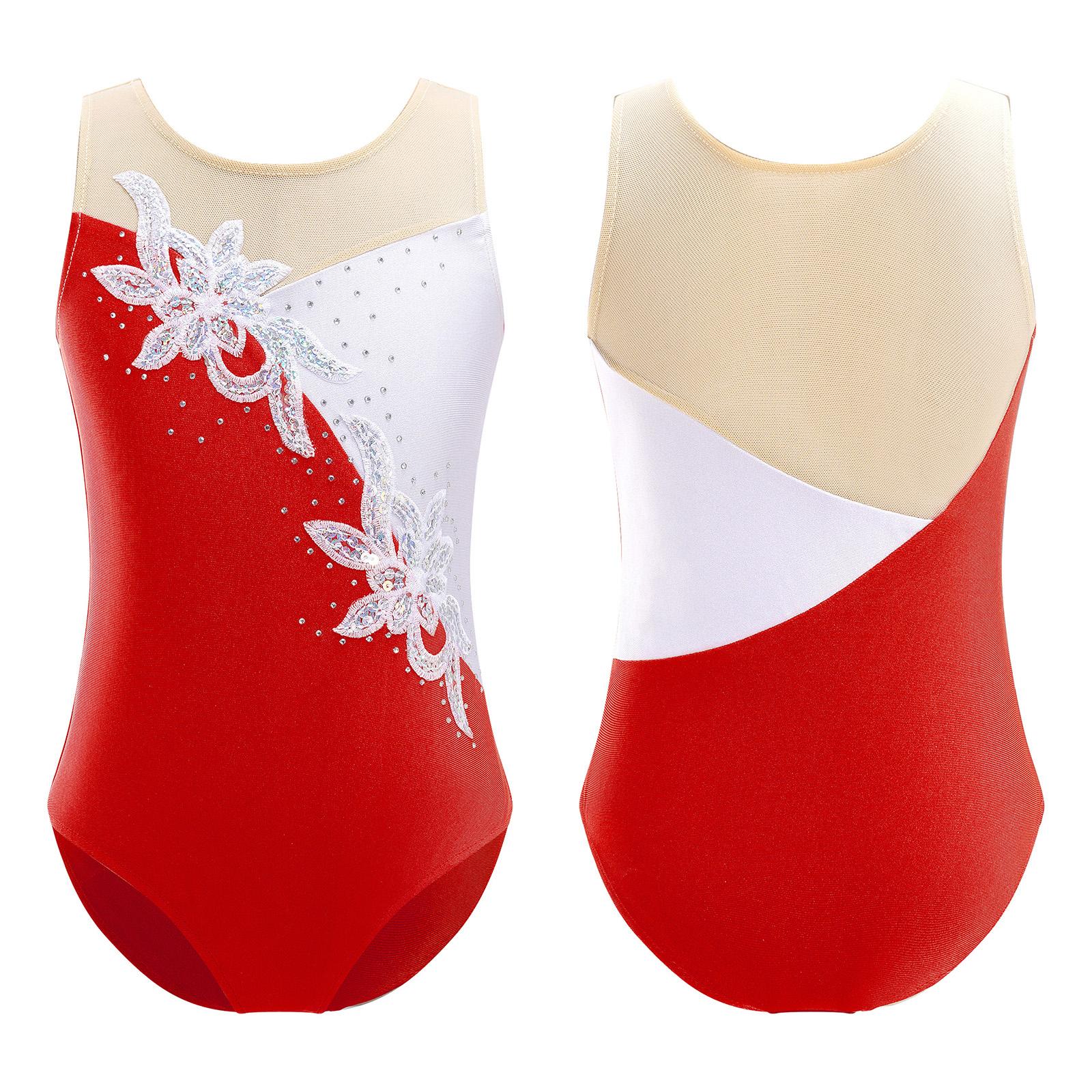 Fldy Eendelige meisjes gymnastiek training turnpakje mesh patchwork stijl danskleding kinderen schaatsen bodysuit 14-16 Years rood