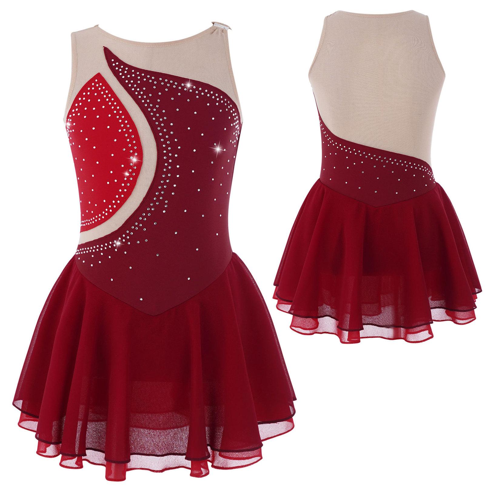 Yeahdor Kinderen Meisjes Figuur Schaatsen Turnpakje Jurk Mesh Splice Rolschaatsen Dansvoorstelling Kostuum 11-12 Years rood