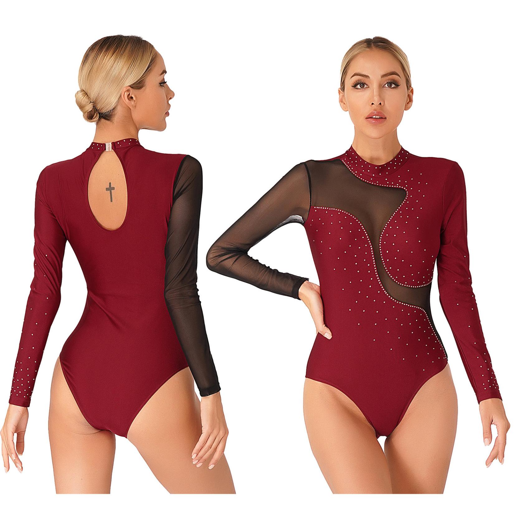 IEFiEL Womens glanzende strass kleurblok bodysuit lange mouw gymnastiek dans turnpakje acrobatiek kunstschaatsen kostuum S bordeaux