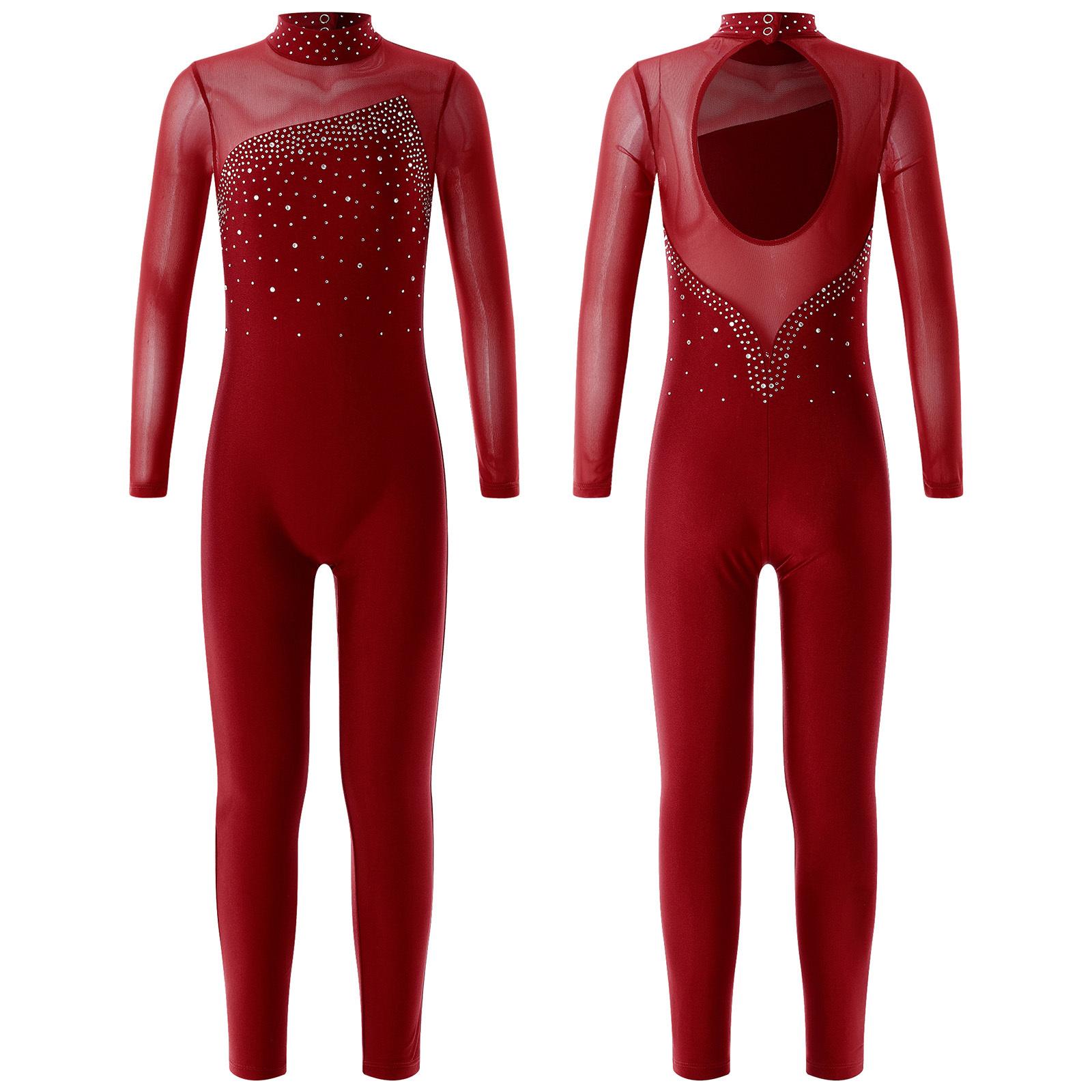 Sxiwei Kinderen meisjes gymnastiek turnpakje workout dans jumpsuit lange mouw strass decor schaatsen bodysuit 11-12 Years