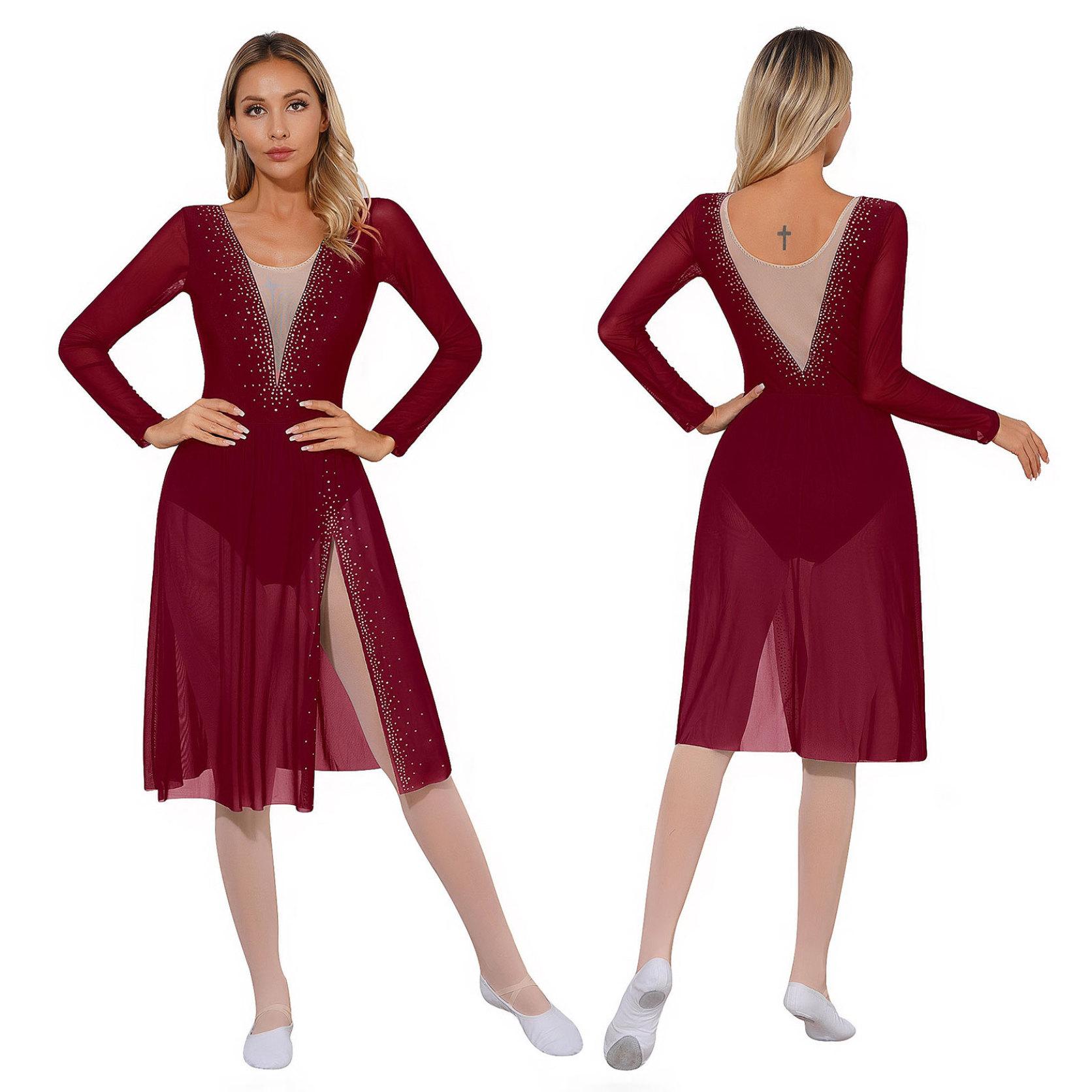Yunduantong-electronic Dames ballroom moderne dansvoorstelling competitie zijsplitjurk ballerinakostuum chiffon ballettraining fancy schaatspakje XXL bordeaux