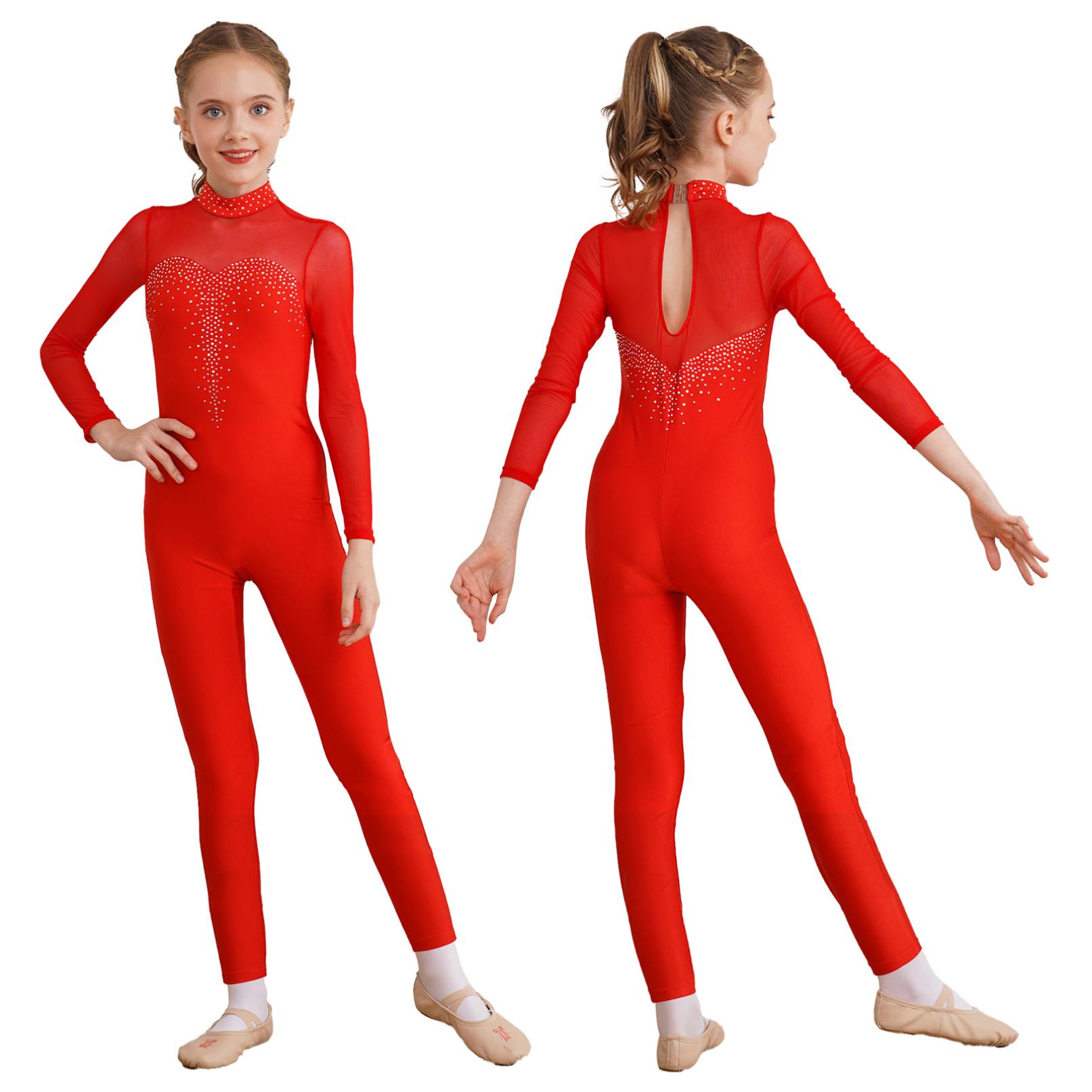 HULIJA Meisjes dansen Unitard schaatsen jumpsuit met lange mouwen, ééndelig bodysuit, rekbaar gymnastiekpakje 15-16 Years rood