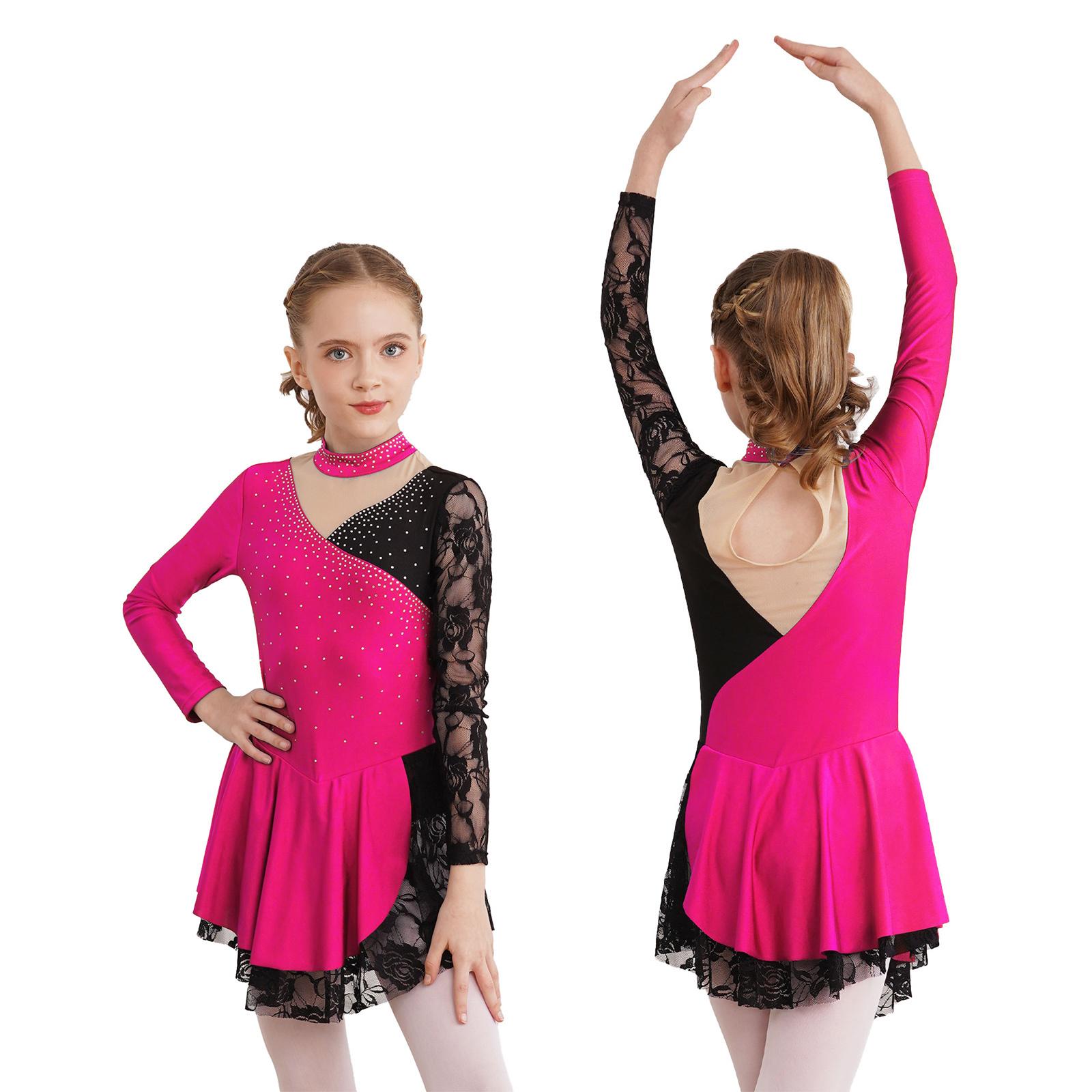 ZDHoor Stijlvolle dansjurk voor kinderen, meisjes, lange mouwen, kanten patchworkjurk voor lyrische dans 13-14 Years warm roze kleur