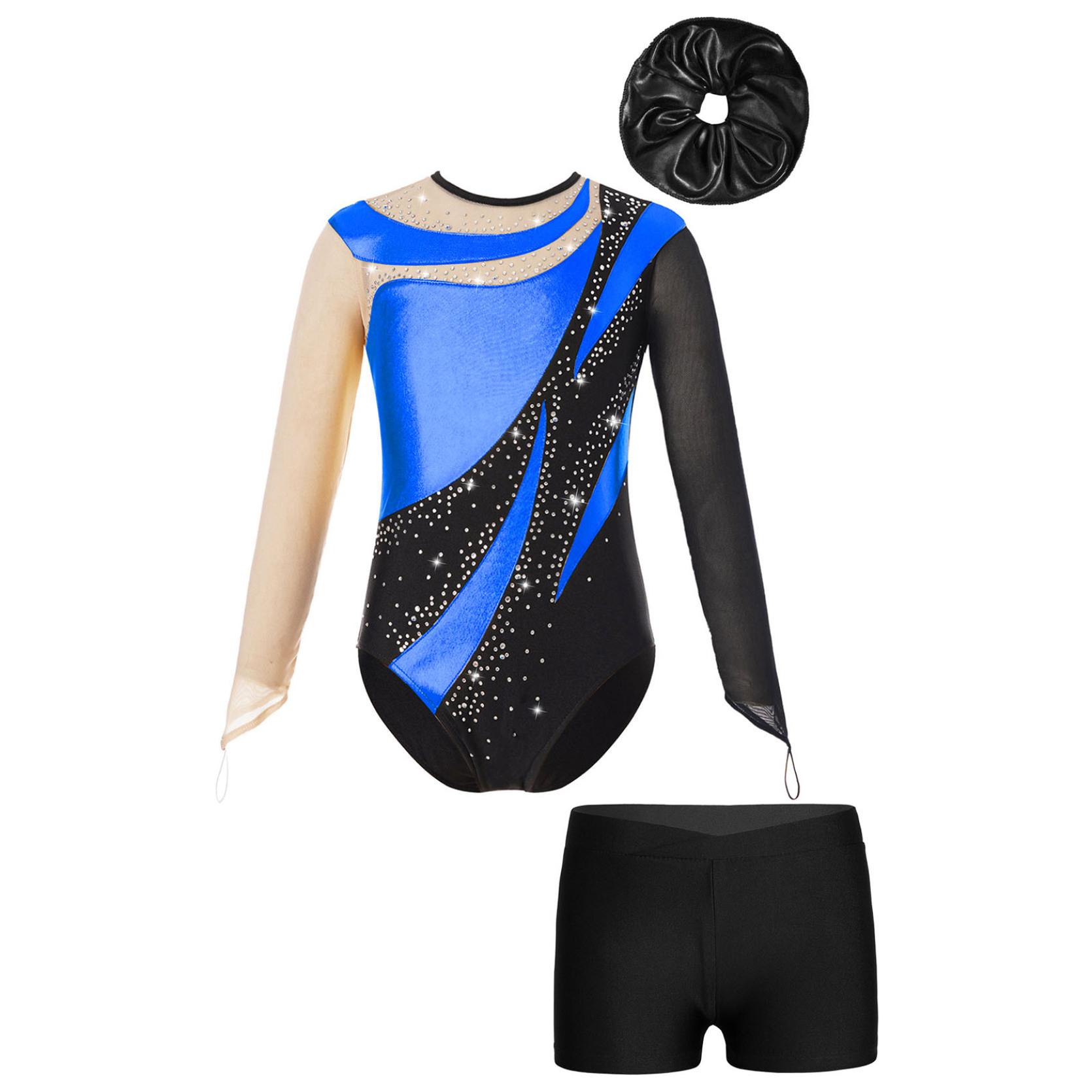 IEFiEL Gymnastiekprestatie-outfit voor kinderen, meisjes, mesh, sleutelgatrug, glanzend turnpakje met V-voorkant, tailleband, shorts en haarband 7-8 Years koningsblauwe kleur/zwart