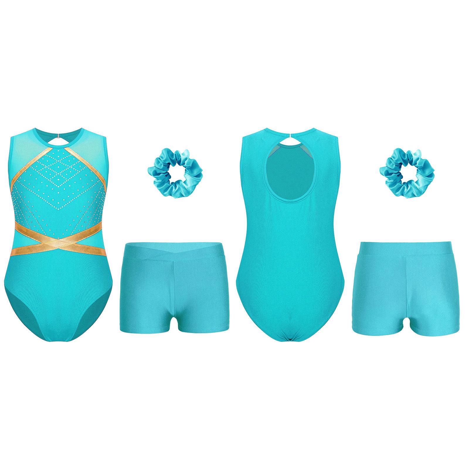 YOOJIA Kinderen Meisjes Gymnastiek Outfit Sleutelgat Rug Patchwork Mouwloos Glinsterende Strass Leotard met V-voorkant Tailleband Shorts Haarelastiek Hoofddeksel 9-10 Years