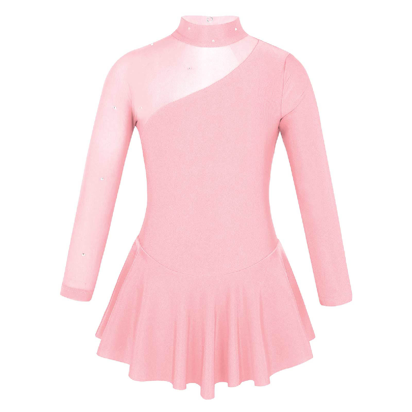 Aislor Meisjes gymnastiek leotard balletjurk kind lange mouwen mock neck tule split uitsparingen rug kunstschaatsjurk 9-10 Years roze