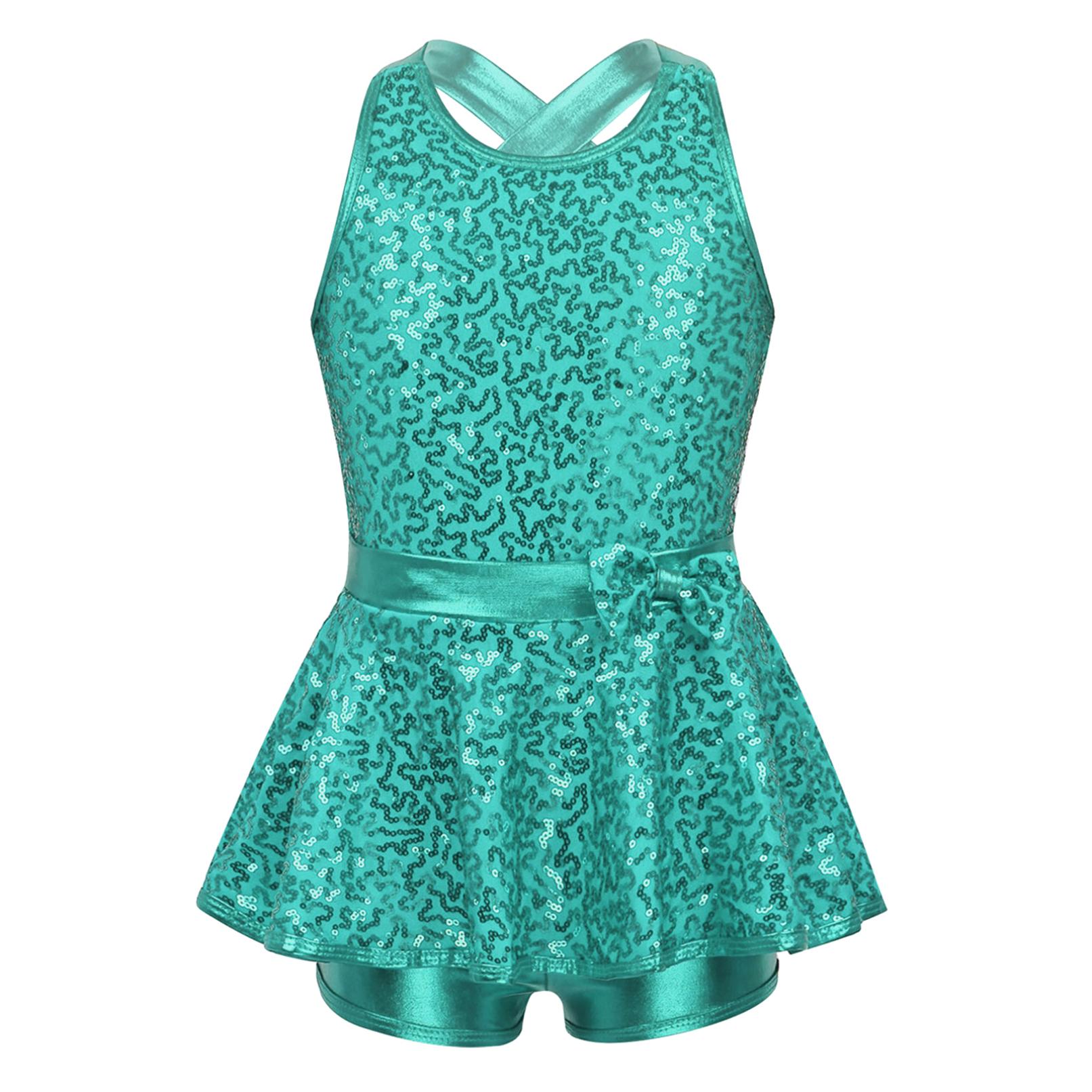 Yeahdor Kinderen Meisjes Pailletten Ballet Jazz Moderne Tap Jurk Gymnastiek Dans Turnpakje Tutu Jurk 14-16 Years meer groene kleur