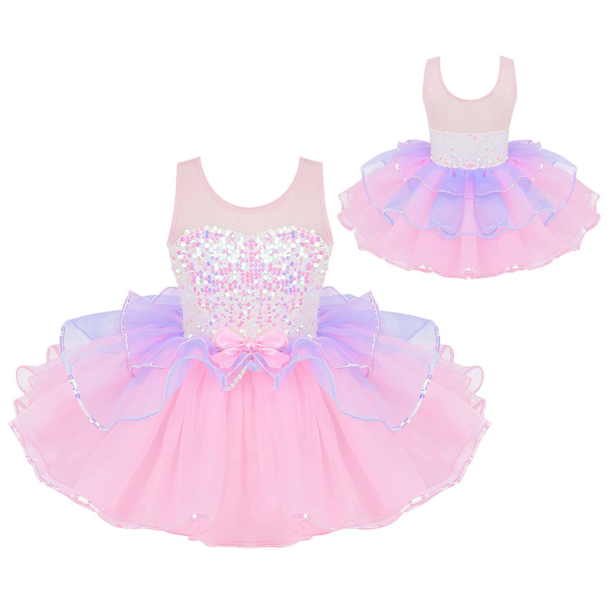 IEFiEL Kinderen Meisjes Danskleding Glanzende Pailletten Mesh Splice Strik op Taille Ballet Dans Gymnastiek Turnpakje Tutu Jurk 5-6 Years