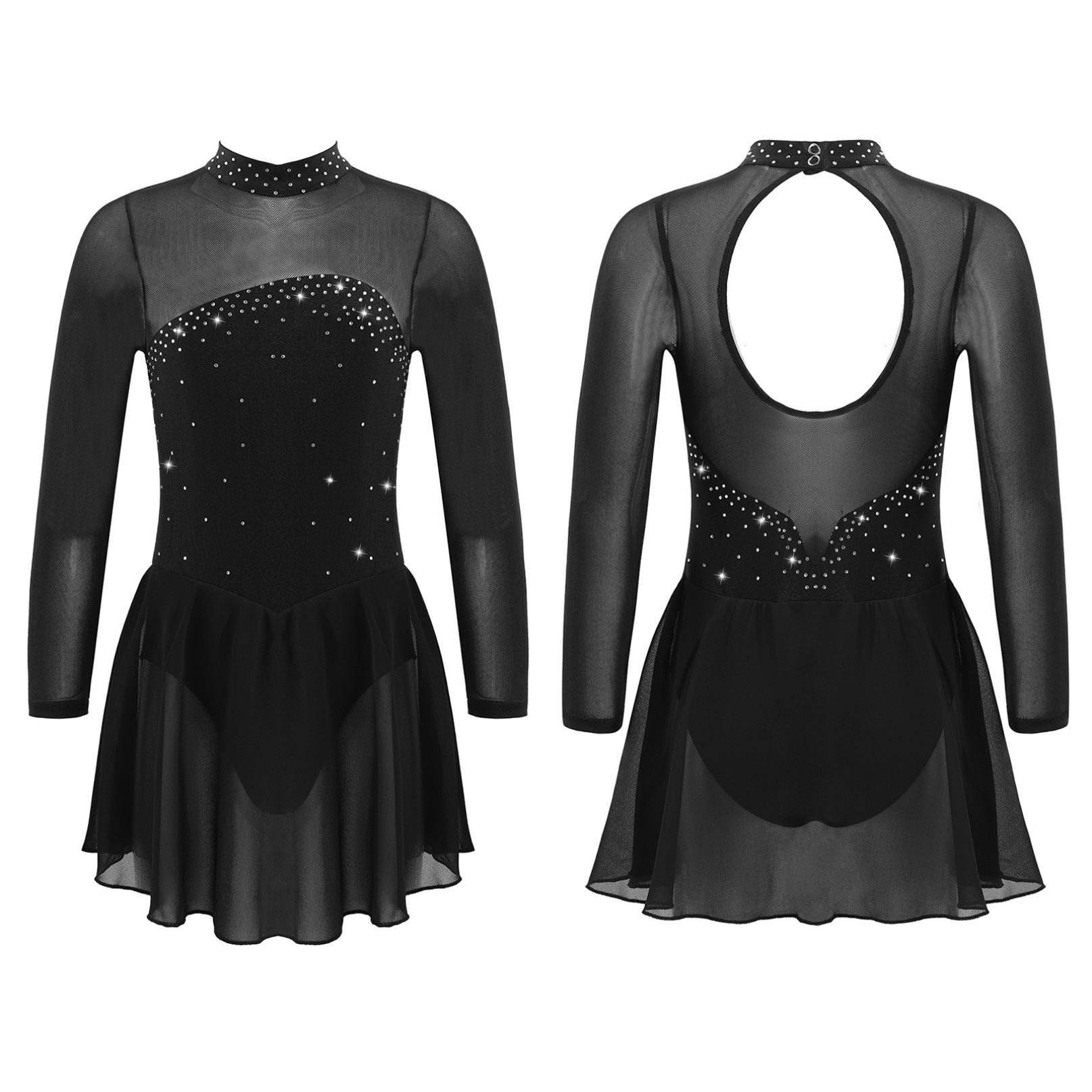 Inhzoy Kinderen Meisjes Kunstschaatsen Dans Jurk Lange Mouw Glanzende Strass Mesh Ballet Gymnastiek Turnpakje Jurken Competitie Danskleding 13-14 Years