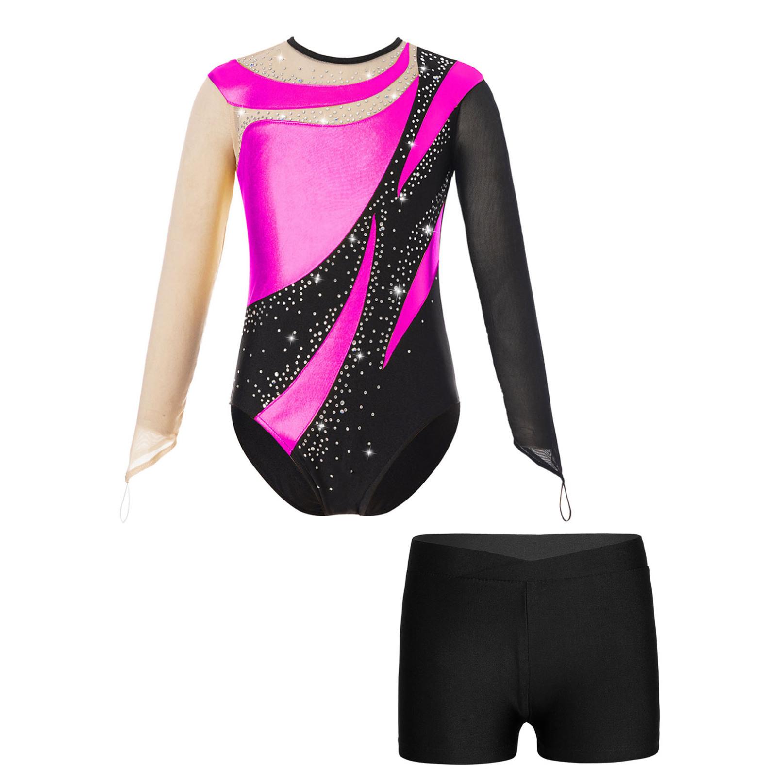 Ranrann Kindermeisjes Gymnastiekpakjes met lange mouwen en keyhole-rugbodysuit Balletdanskleding met shorts Competitie-outfits 7-8 Years warm roze kleur/zwart