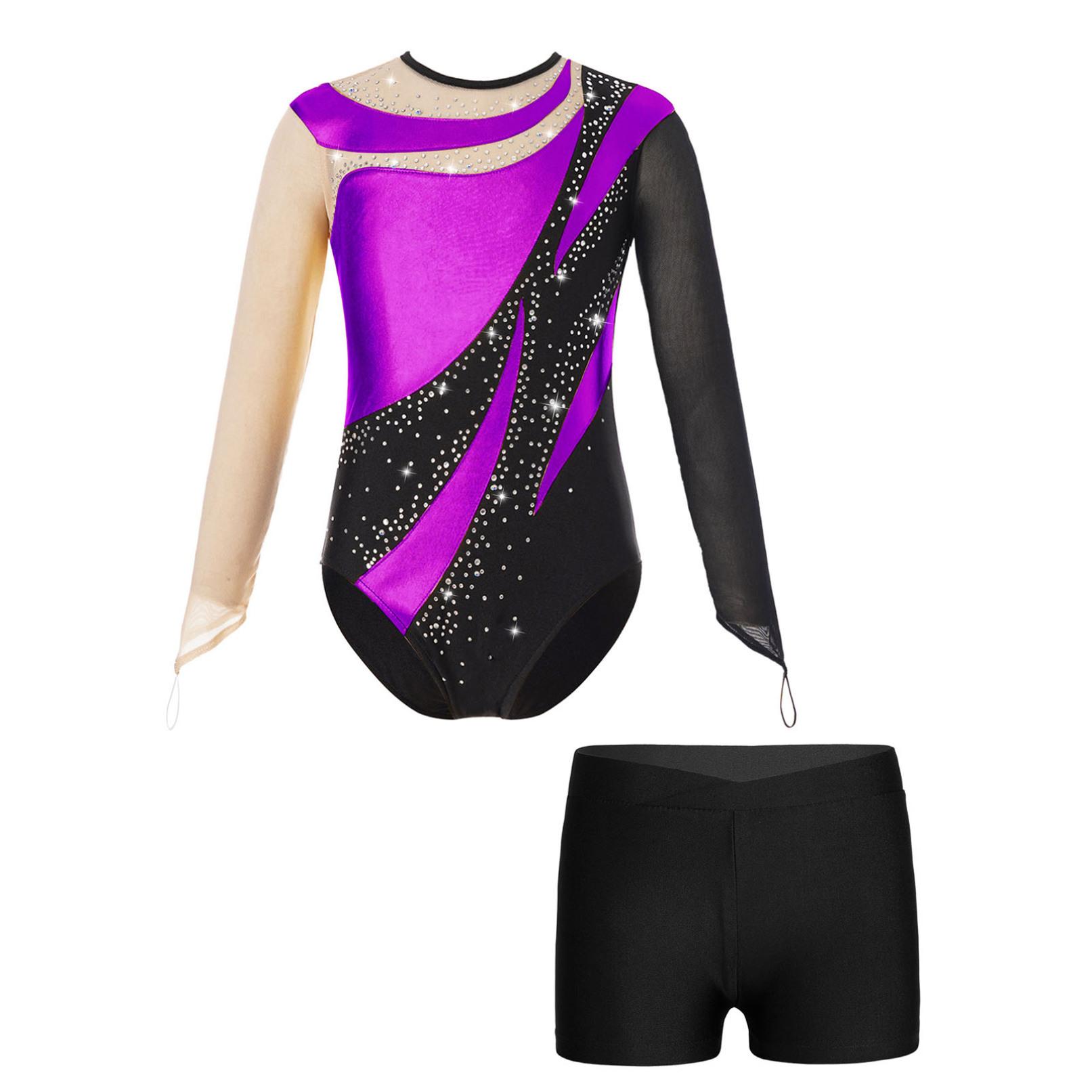 Ranrann Kindermeisjes Gymnastiekpakjes met lange mouwen en keyhole-rugbodysuit Balletdanskleding met shorts Competitie-outfits 7-8 Years zwart/paars