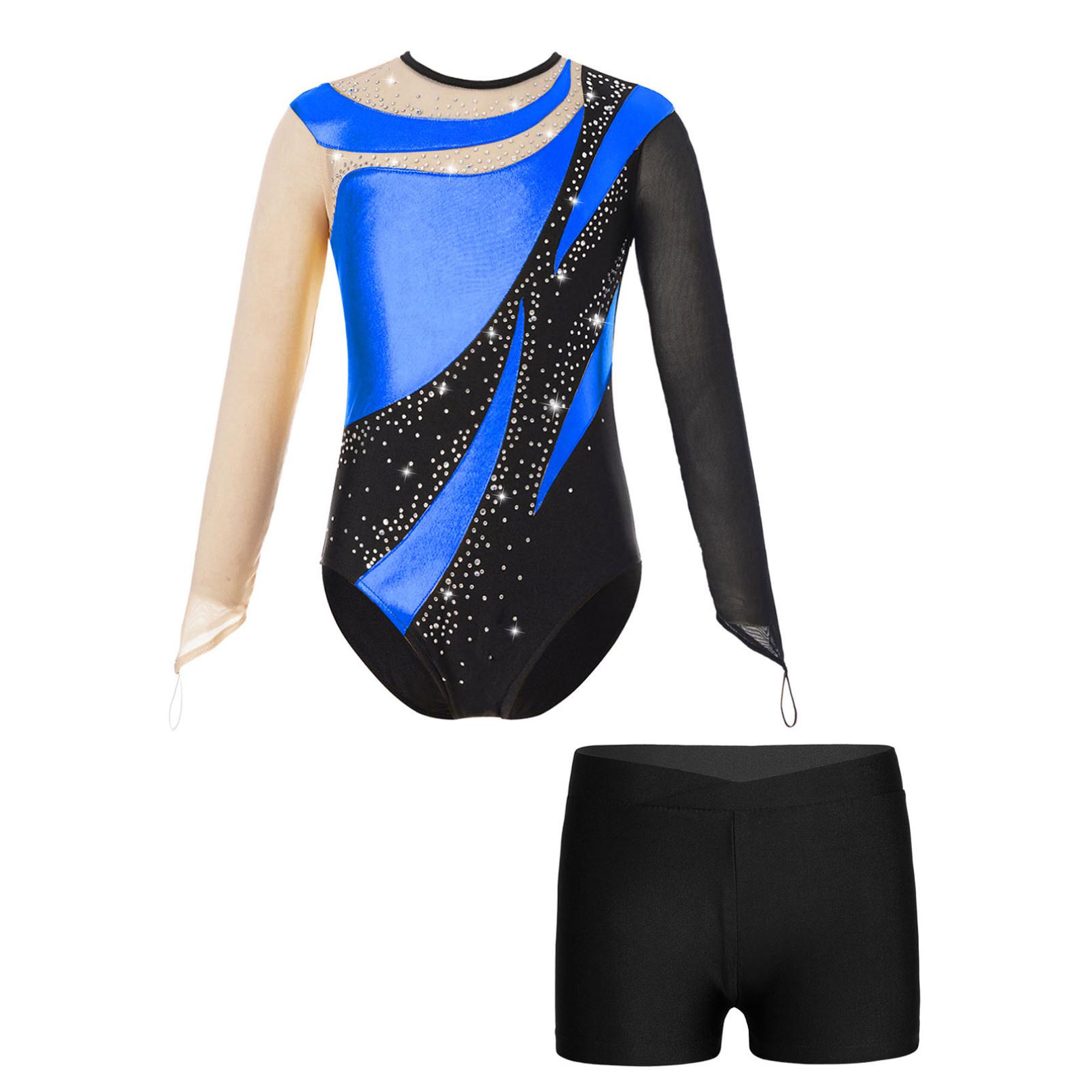 Ranrann Kindermeisjes Gymnastiekpakjes met lange mouwen en keyhole-rugbodysuit Balletdanskleding met shorts Competitie-outfits 7-8 Years koningsblauwe kleur/zwart